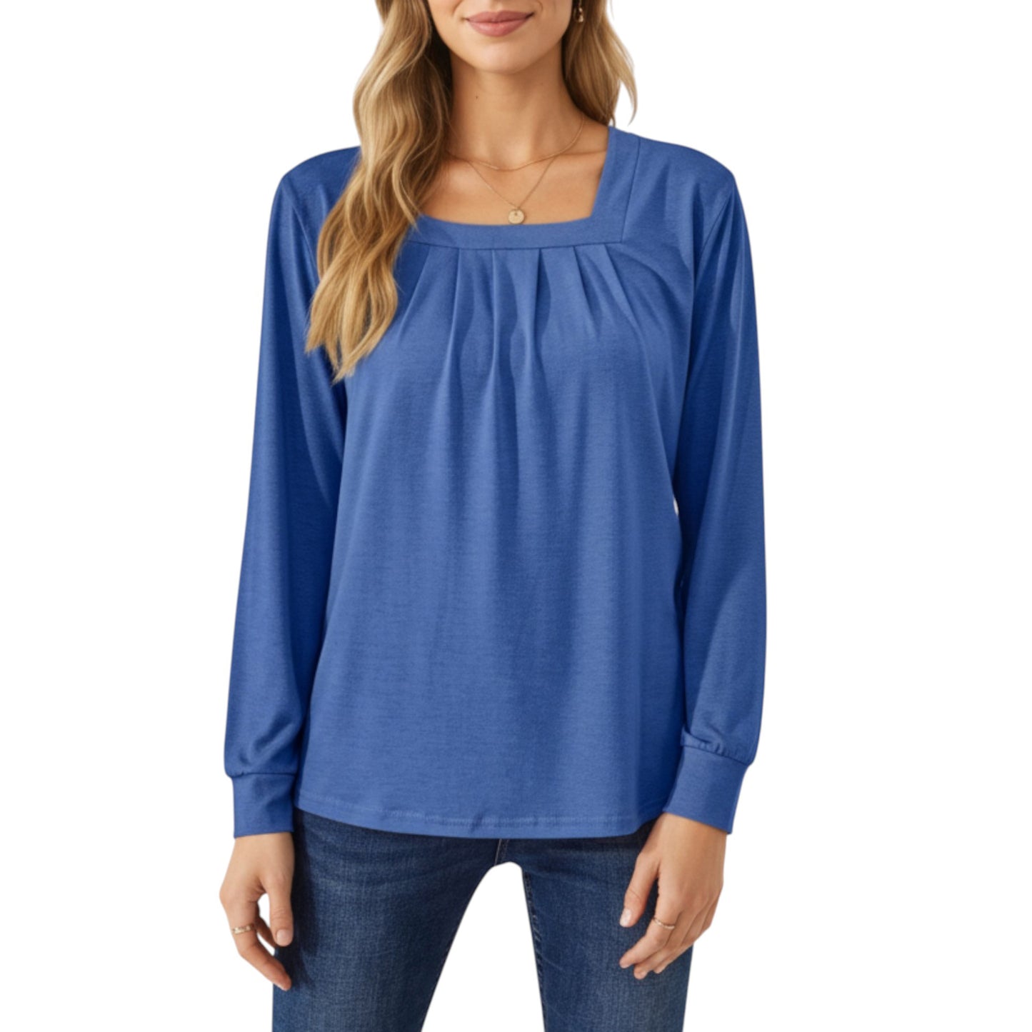 Anna-Kaci Women's Long Sleeve Square Neck Top with Front Pleat Detailing and Relaxed Fit