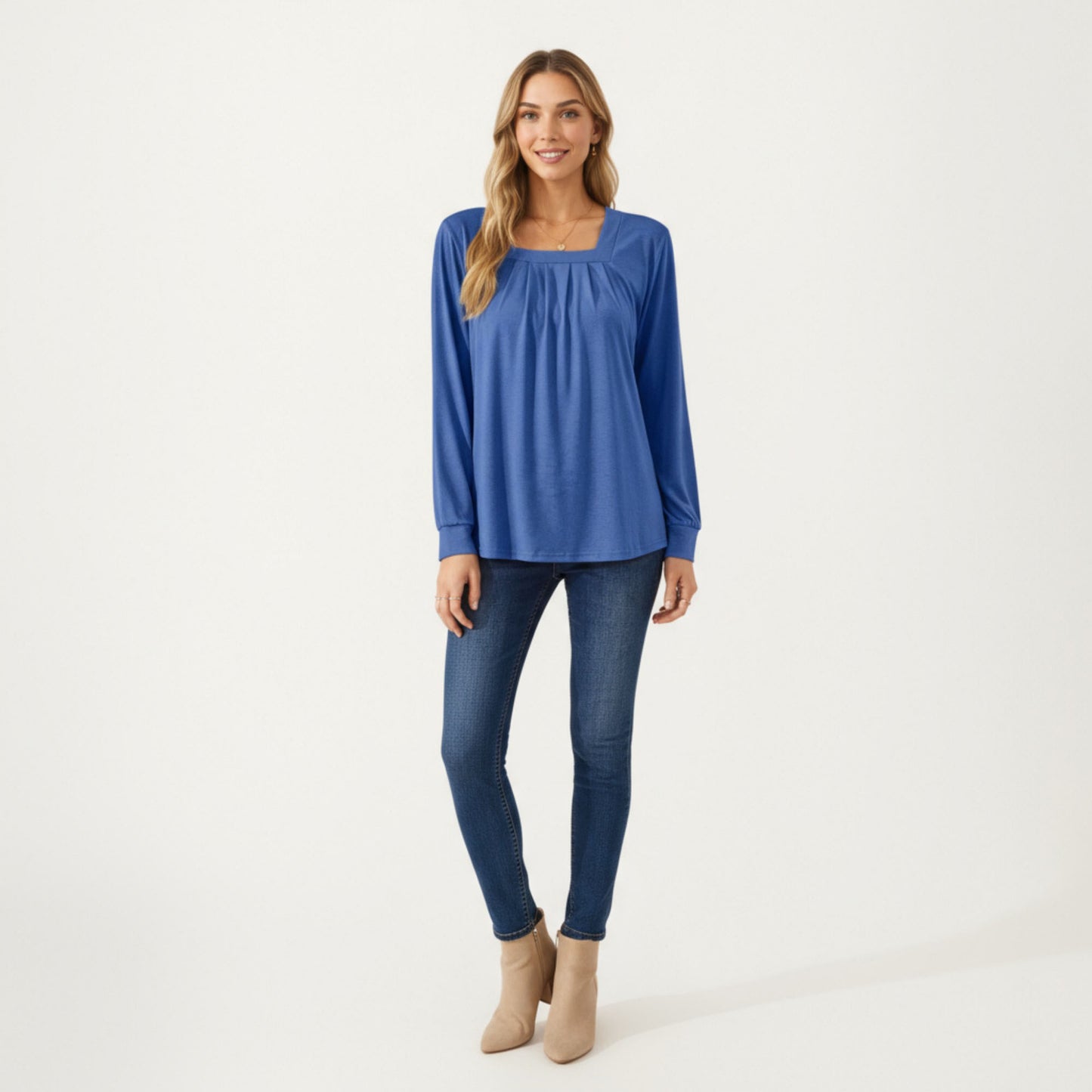 Anna-Kaci Women's Long Sleeve Square Neck Top with Front Pleat Detailing and Relaxed Fit