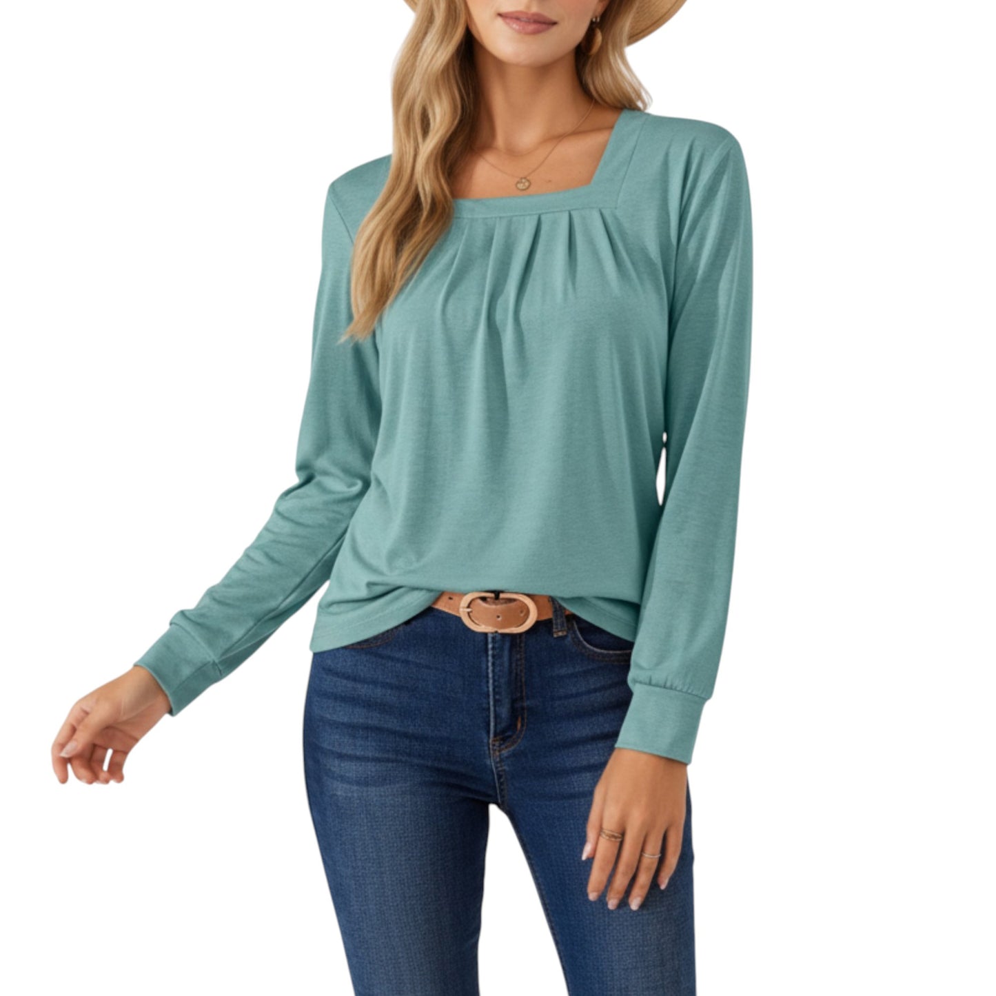 Anna-Kaci Women's Long Sleeve Square Neck Top with Front Pleat Detailing and Relaxed Fit
