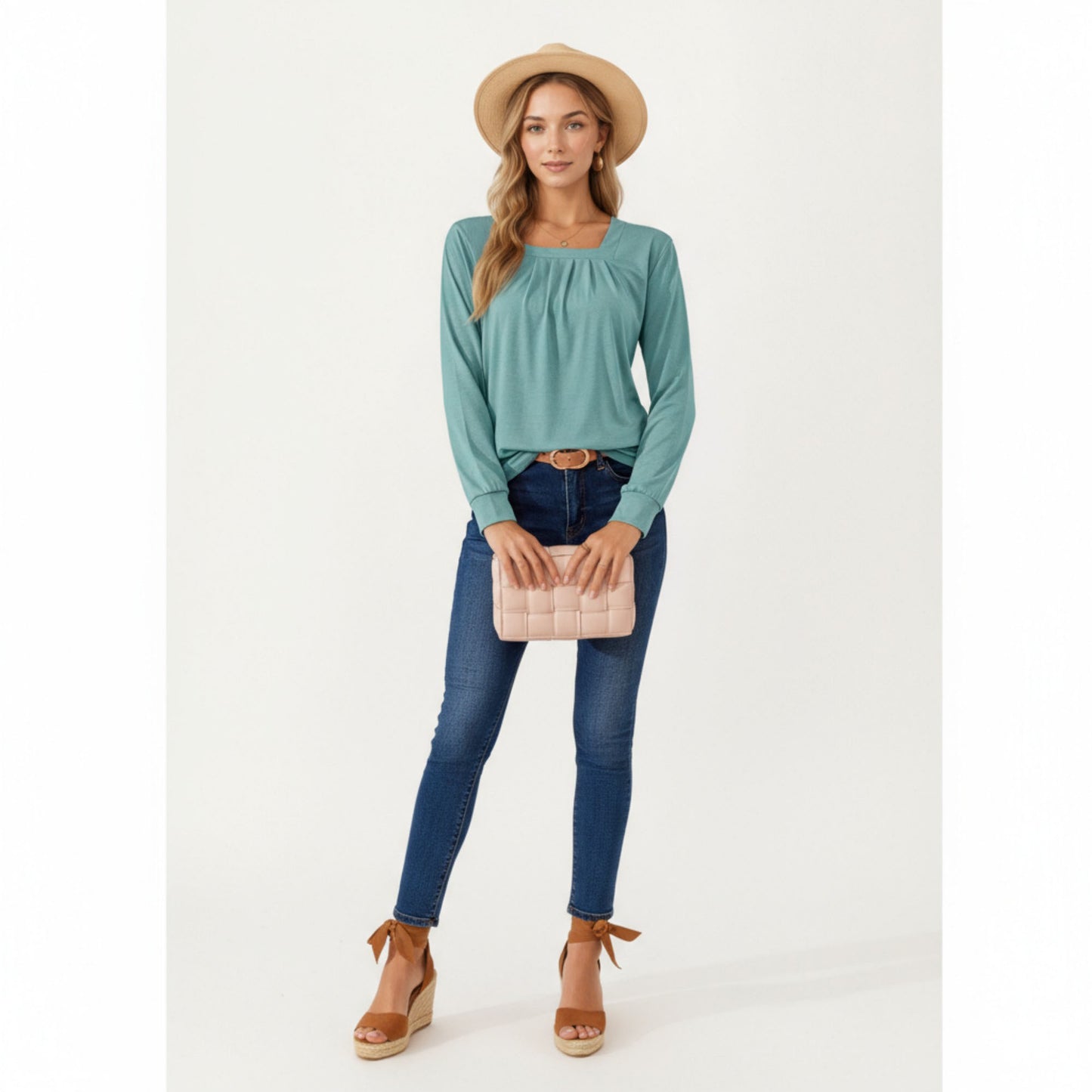 Anna-Kaci Women's Long Sleeve Square Neck Top with Front Pleat Detailing and Relaxed Fit