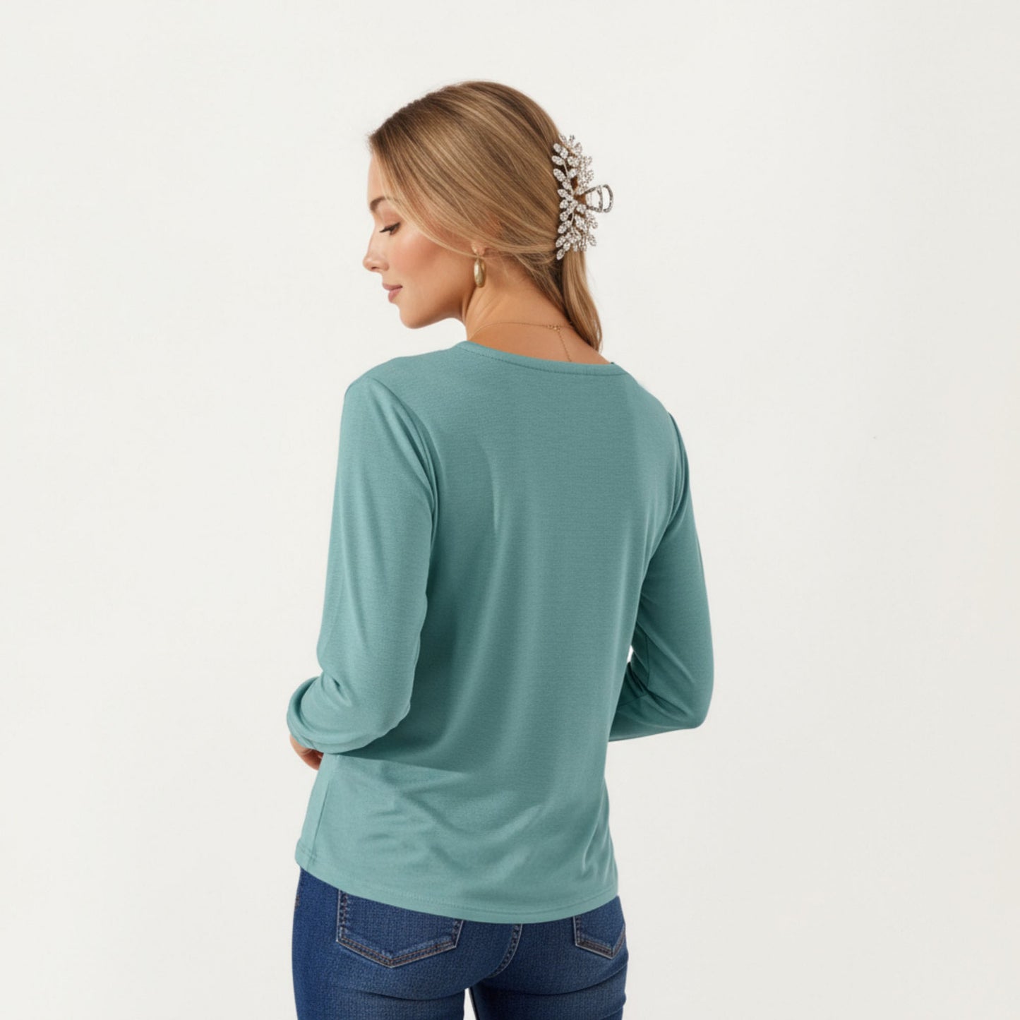 Anna-Kaci Women's Long Sleeve Square Neck Top with Front Pleat Detailing and Relaxed Fit