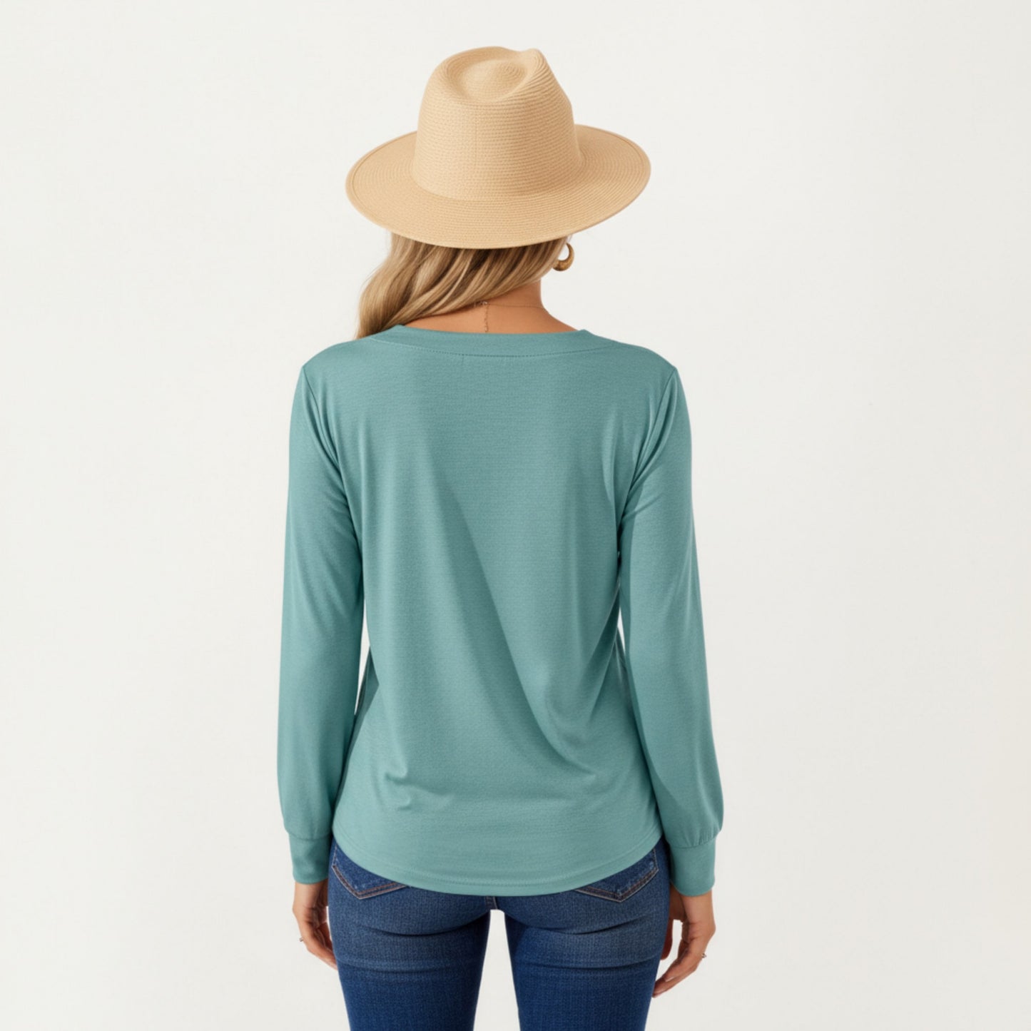 Anna-Kaci Women's Long Sleeve Square Neck Top with Front Pleat Detailing and Relaxed Fit