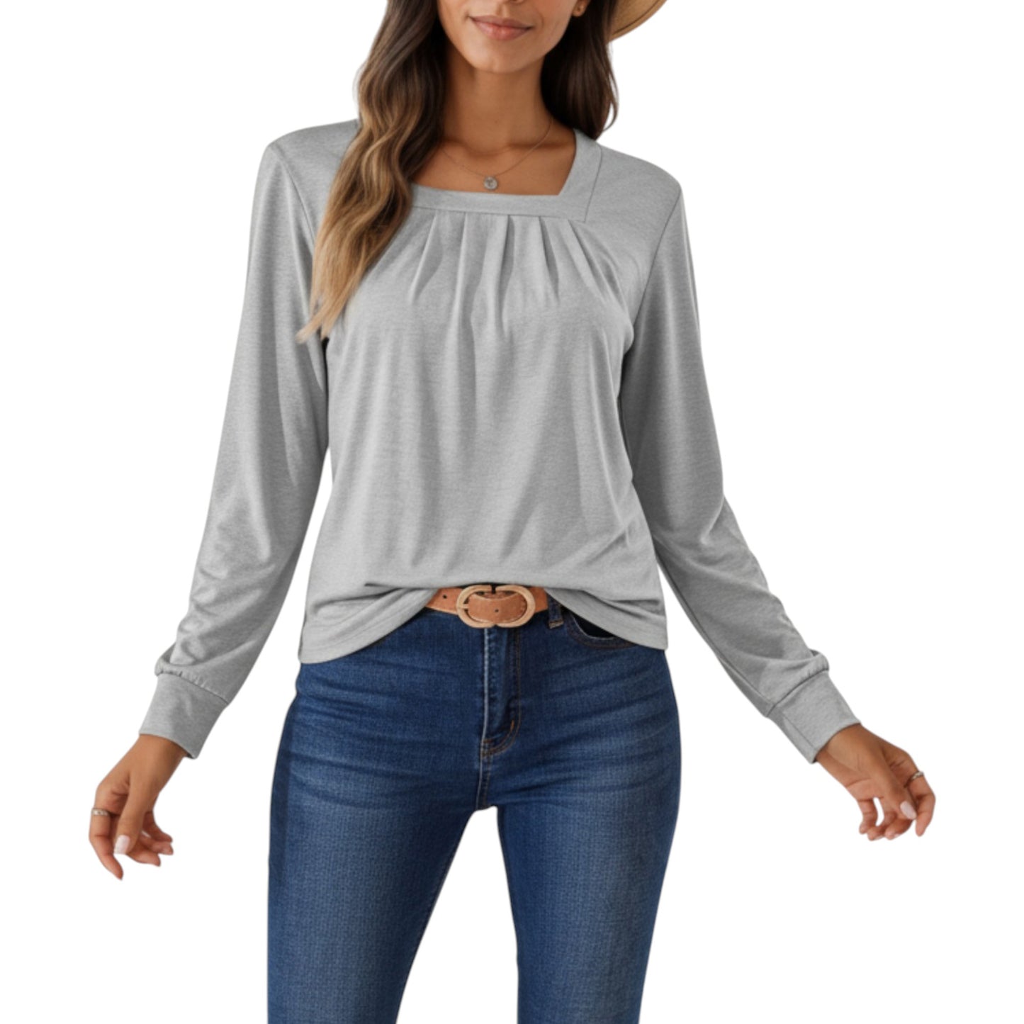 Anna-Kaci Women's Long Sleeve Square Neck Top with Front Pleat Detailing and Relaxed Fit