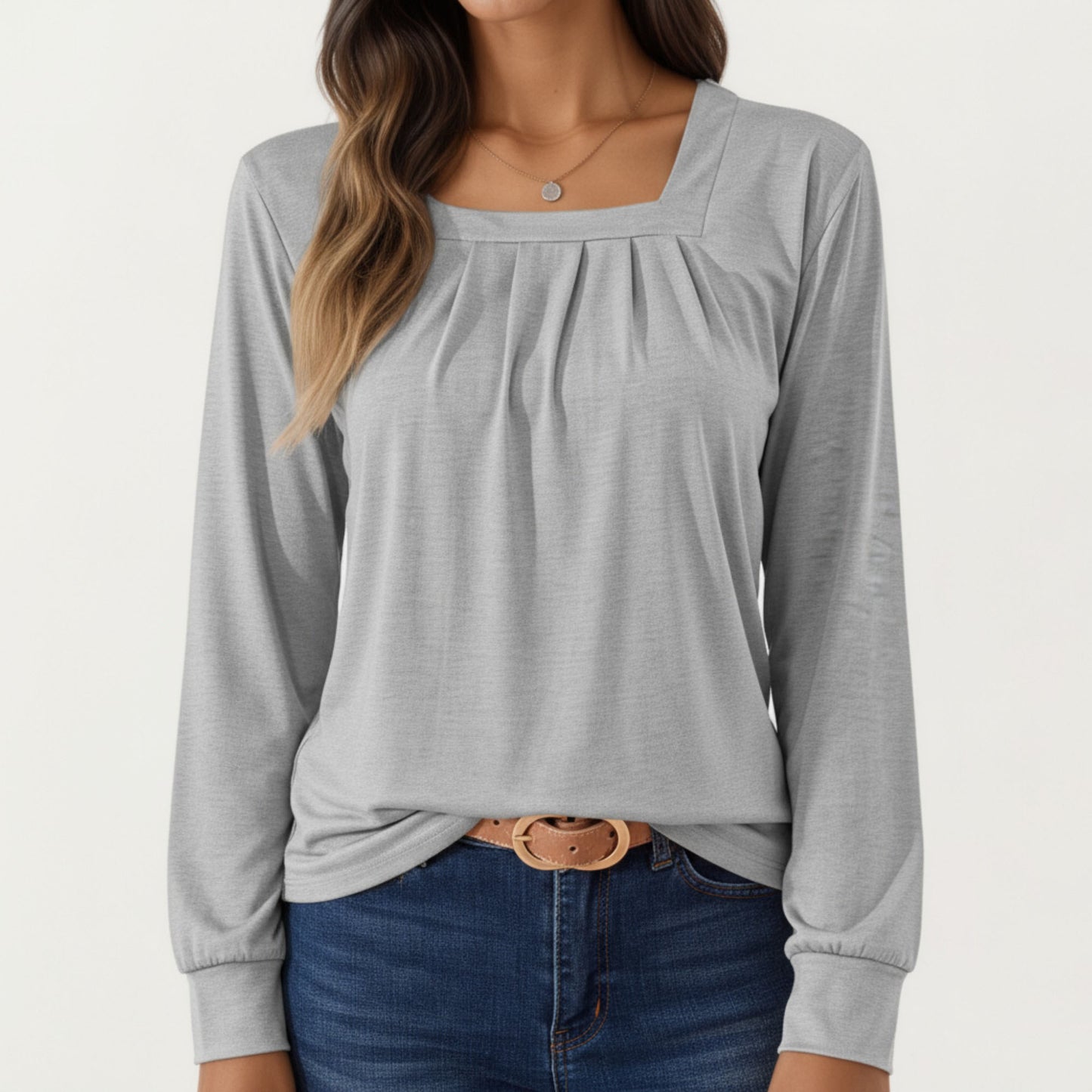 Anna-Kaci Women's Long Sleeve Square Neck Top with Front Pleat Detailing and Relaxed Fit