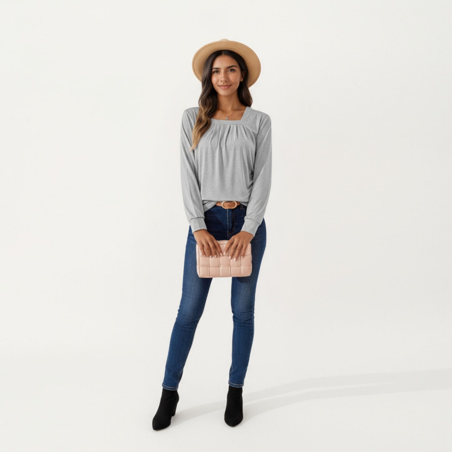 Anna-Kaci Women's Long Sleeve Square Neck Top with Front Pleat Detailing and Relaxed Fit