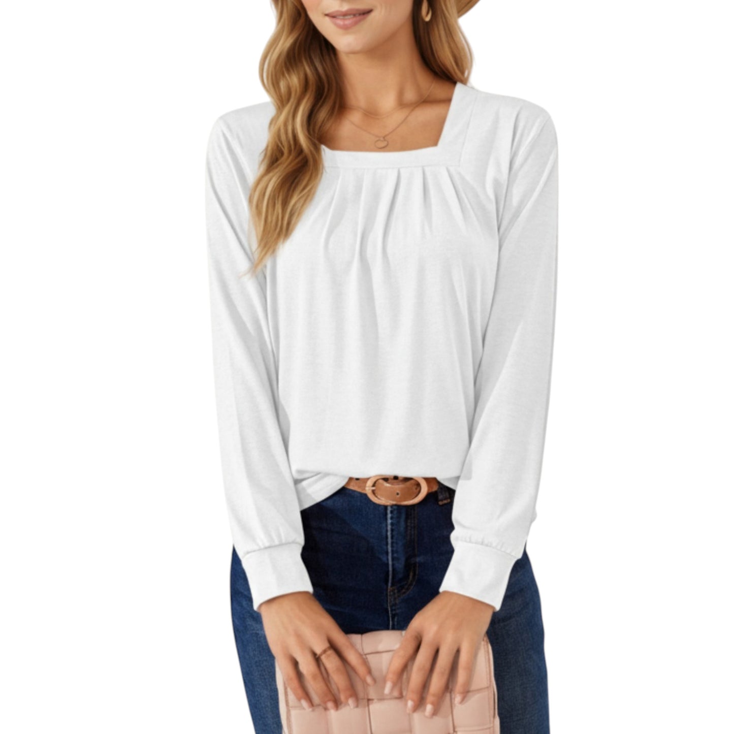 Anna-Kaci Women's Long Sleeve Square Neck Top with Front Pleat Detailing and Relaxed Fit