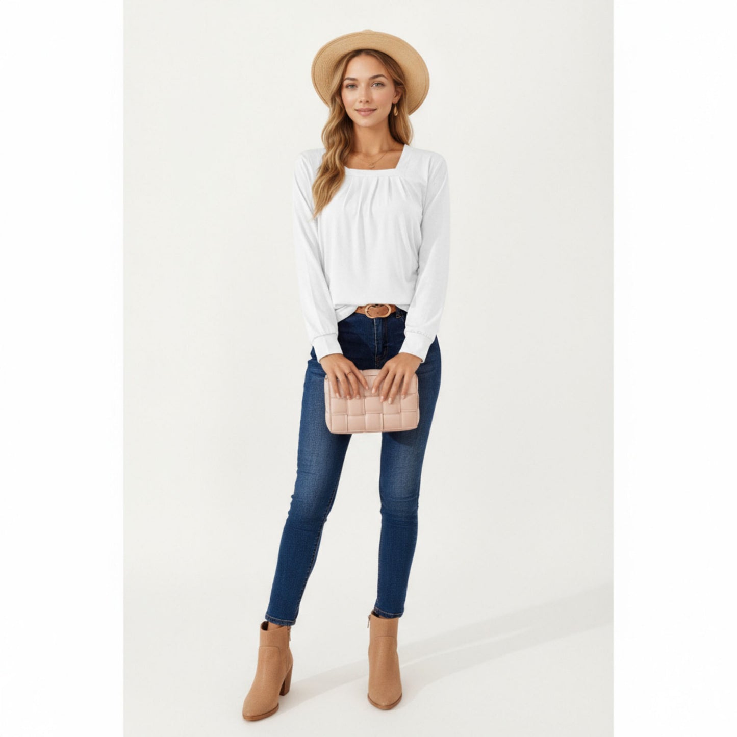 Anna-Kaci Women's Long Sleeve Square Neck Top with Front Pleat Detailing and Relaxed Fit