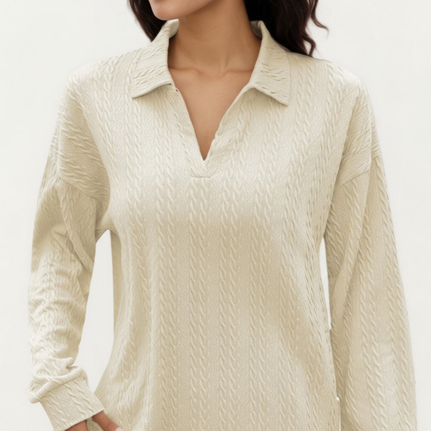 Anna-Kaci Women's Long Sleeve Collared Knit Top with Subtle Textured Pattern and Relaxed Fit