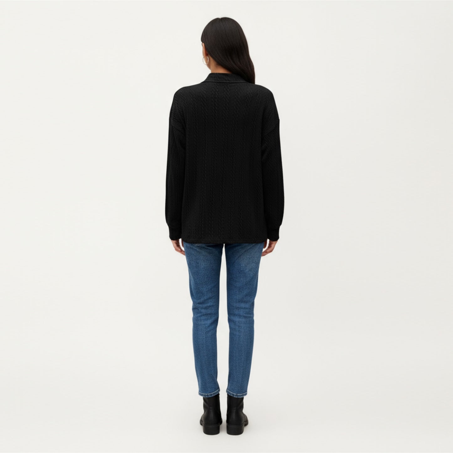 Anna-Kaci Women's Long Sleeve Collared Knit Top with Subtle Textured Pattern and Relaxed Fit