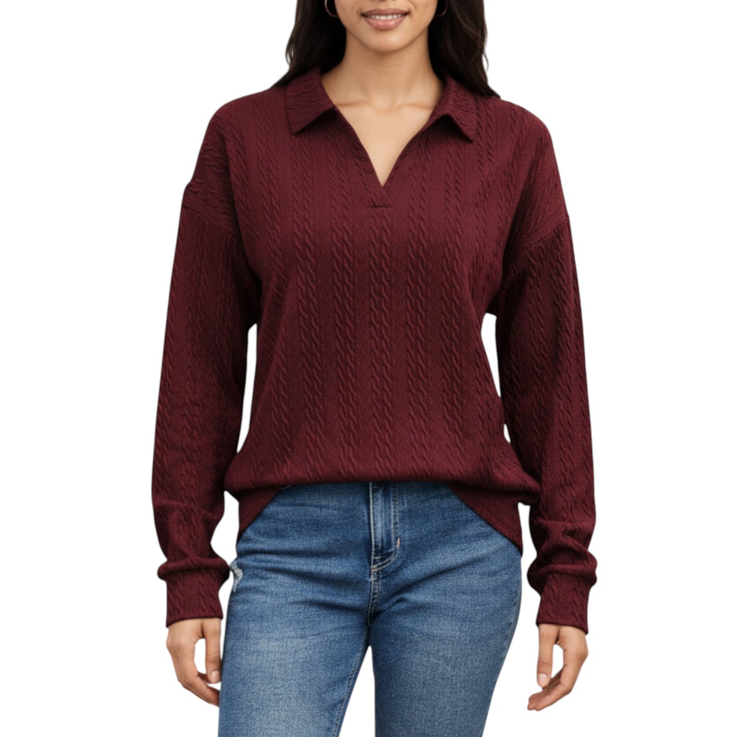 Anna-Kaci Women's Long Sleeve Collared Knit Top with Subtle Textured Pattern and Relaxed Fit