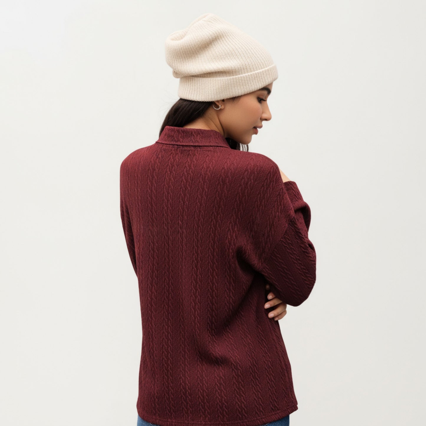 Anna-Kaci Women's Long Sleeve Collared Knit Top with Subtle Textured Pattern and Relaxed Fit