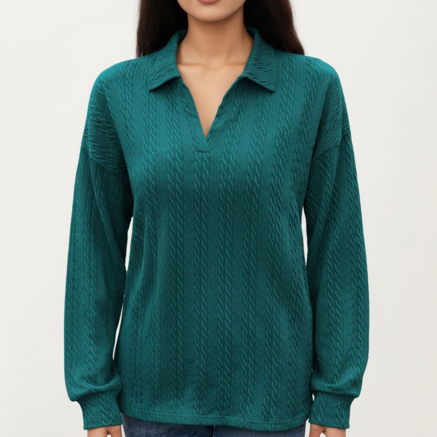 Anna-Kaci Women's Long Sleeve Collared Knit Top with Subtle Textured Pattern and Relaxed Fit