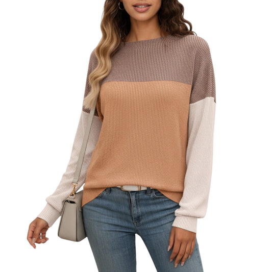 Anna-Kaci Women's Long Sleeve Colorblock Pullover Top with Crew Neck and Relaxed Fit