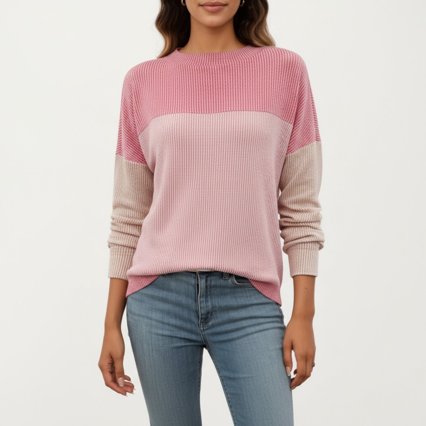 Anna-Kaci Women's Long Sleeve Colorblock Pullover Top with Crew Neck and Relaxed Fit