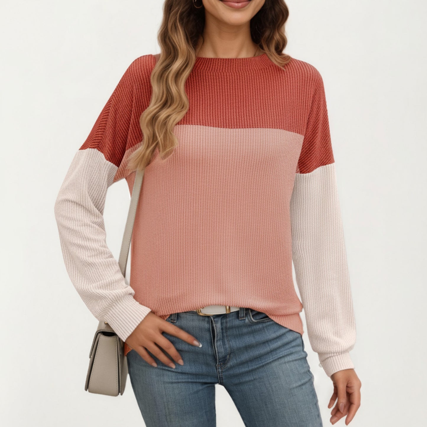 Anna-Kaci Women's Long Sleeve Colorblock Pullover Top with Crew Neck and Relaxed Fit