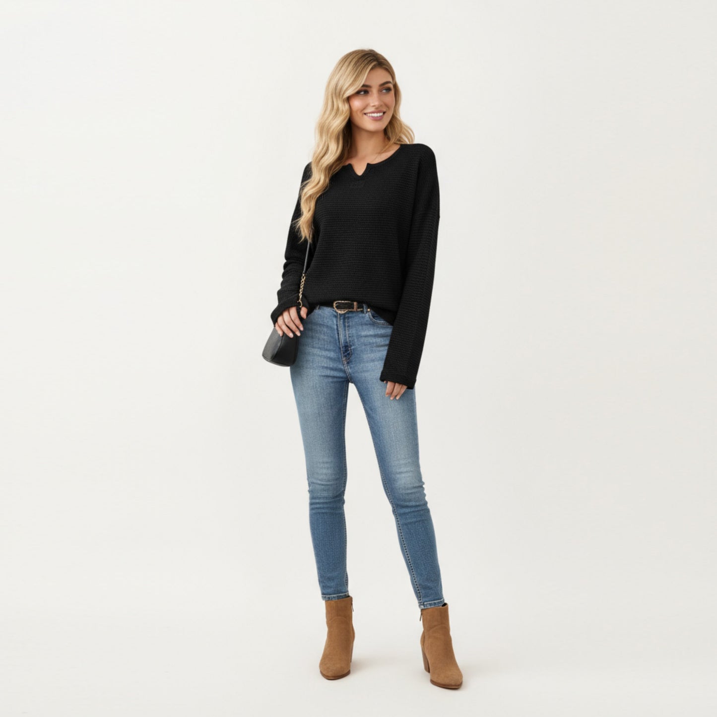 Anna-Kaci Women's Long Sleeve Textured Knit Pullover Top with Split Neck and Relaxed Fit