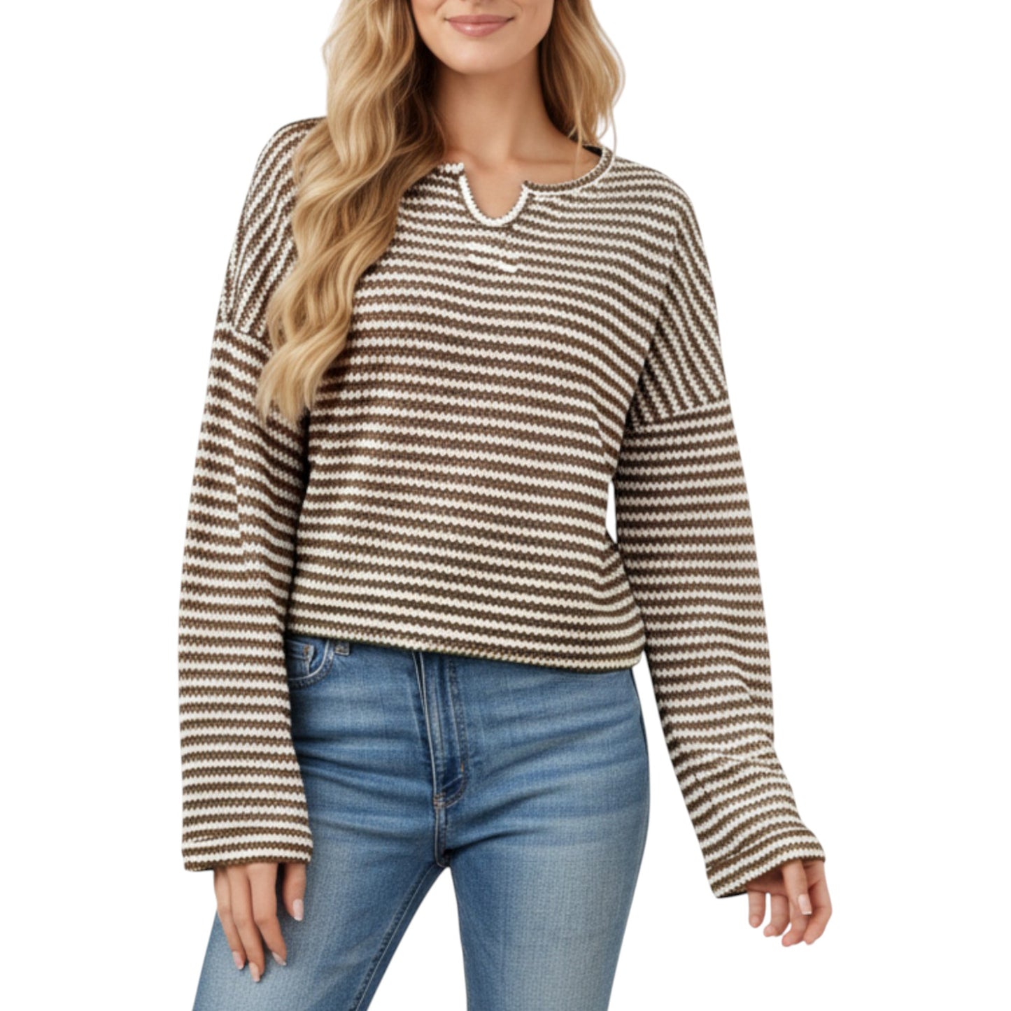 Anna-Kaci Women's Long Sleeve Textured Knit Pullover Top with Split Neck and Relaxed Fit