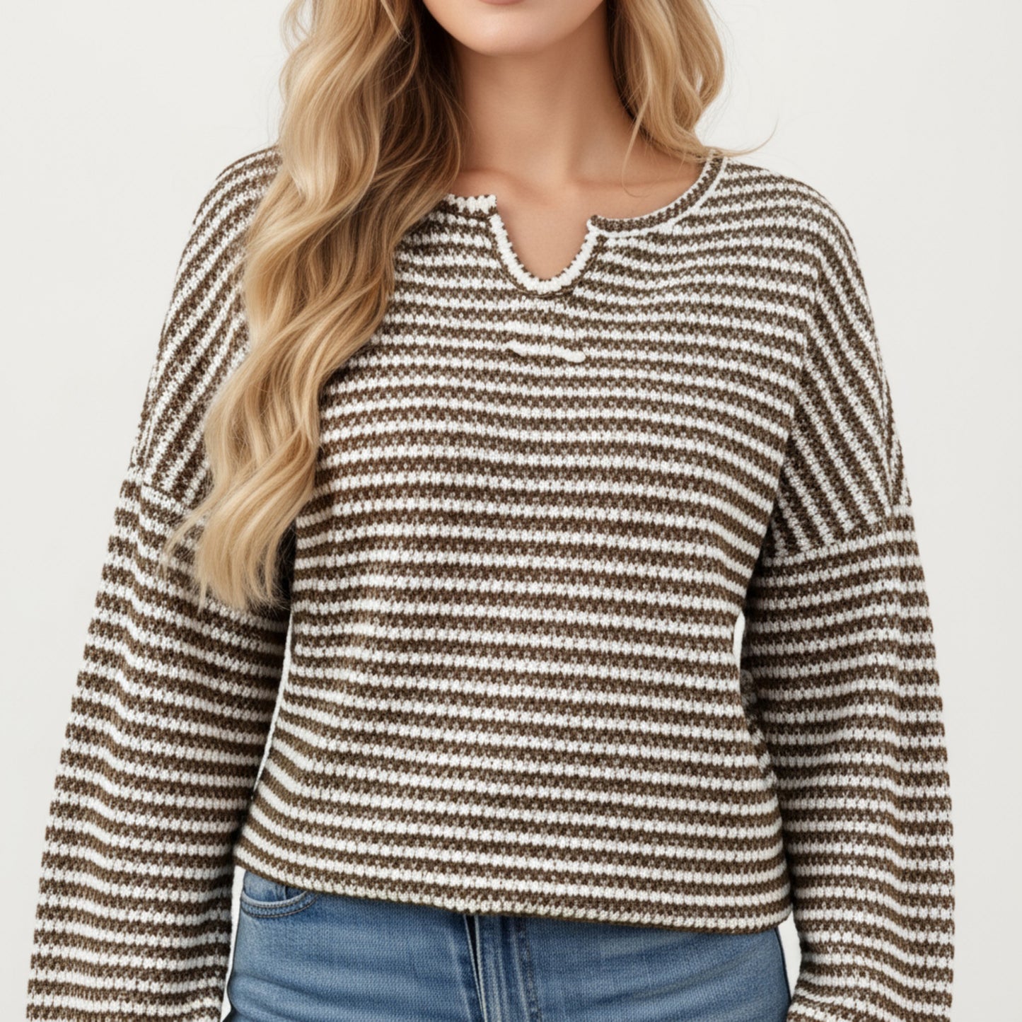 Anna-Kaci Women's Long Sleeve Textured Knit Pullover Top with Split Neck and Relaxed Fit