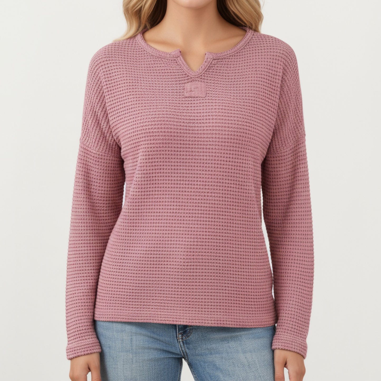 Anna-Kaci Women's Long Sleeve Textured Knit Pullover Top with Split Neck and Relaxed Fit