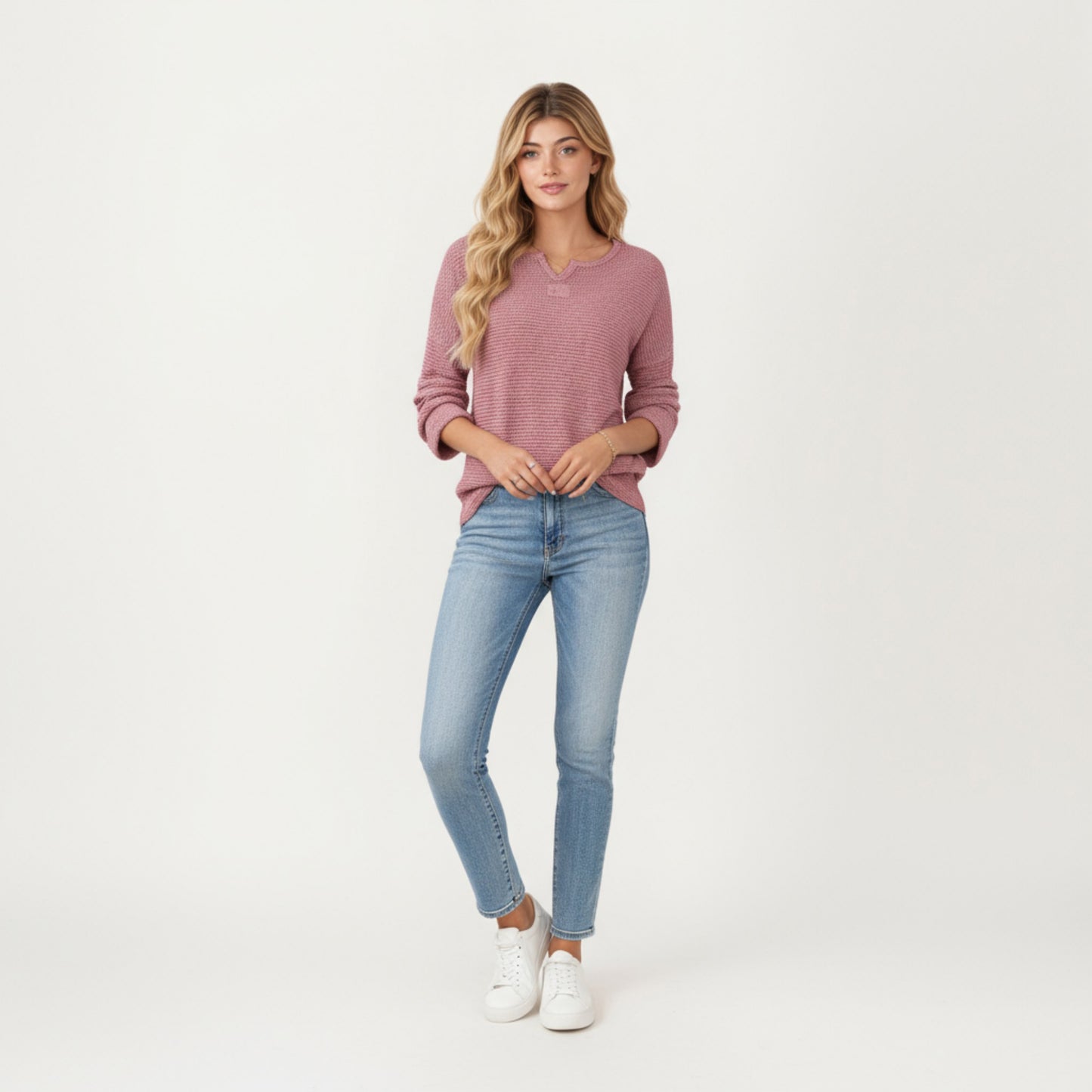 Anna-Kaci Women's Long Sleeve Textured Knit Pullover Top with Split Neck and Relaxed Fit