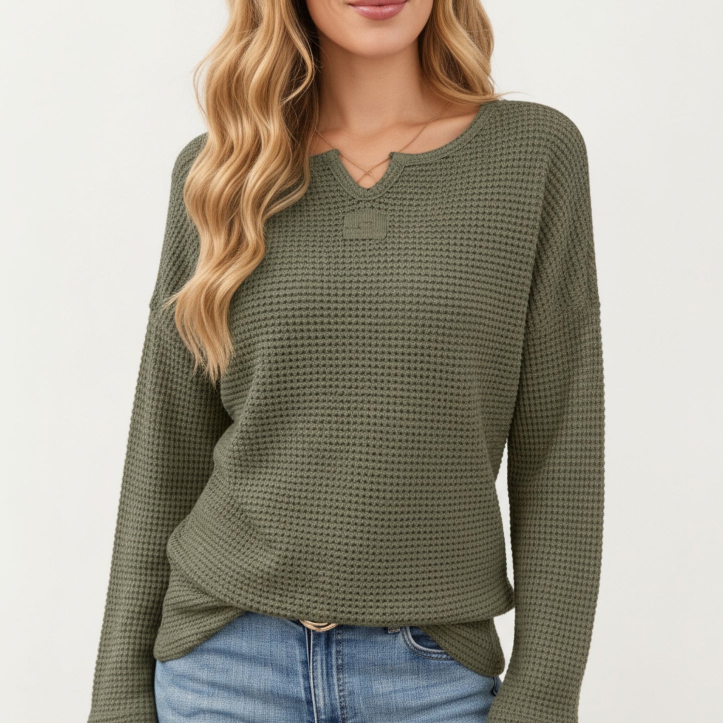 Anna-Kaci Women's Long Sleeve Textured Knit Pullover Top with Split Neck and Relaxed Fit