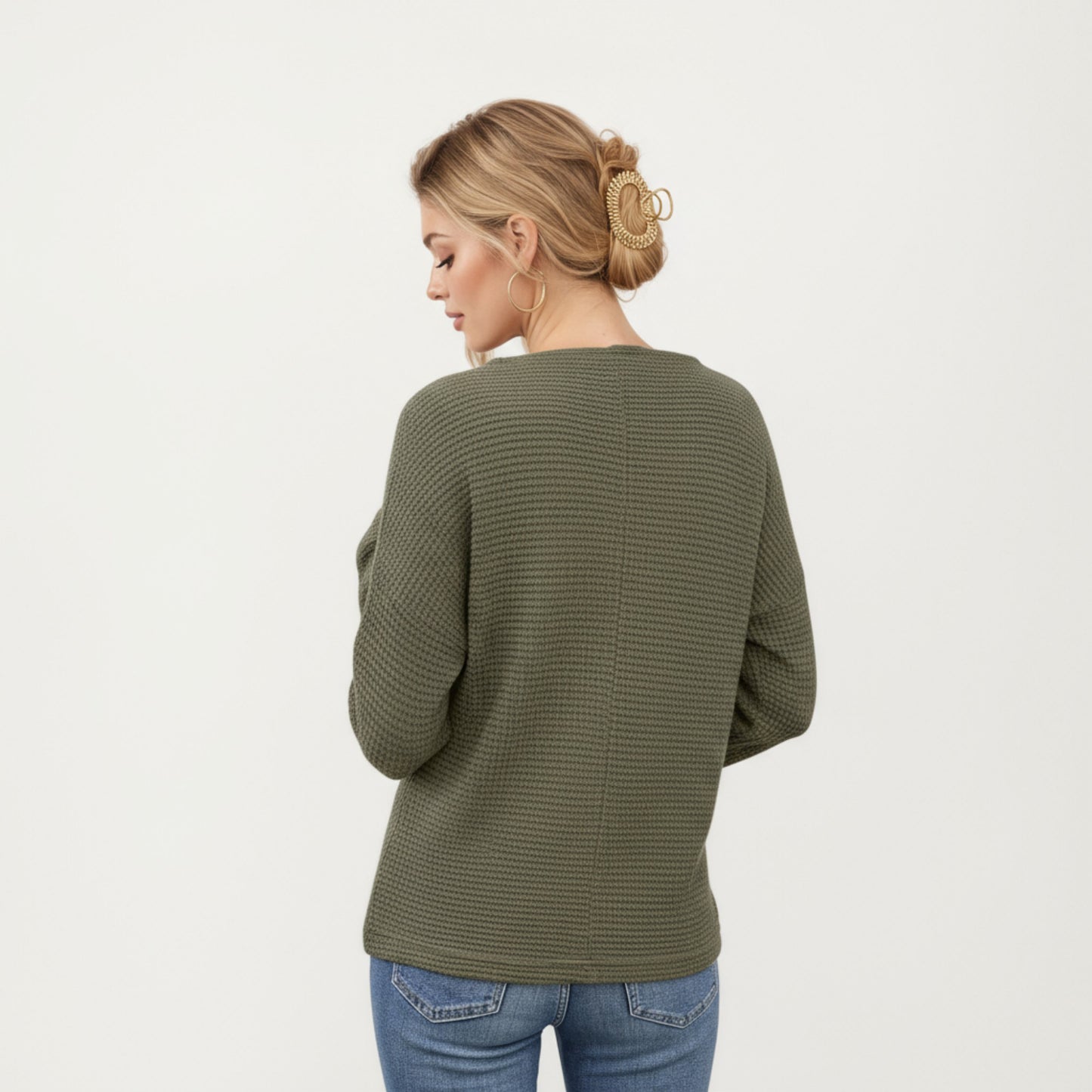 Anna-Kaci Women's Long Sleeve Textured Knit Pullover Top with Split Neck and Relaxed Fit