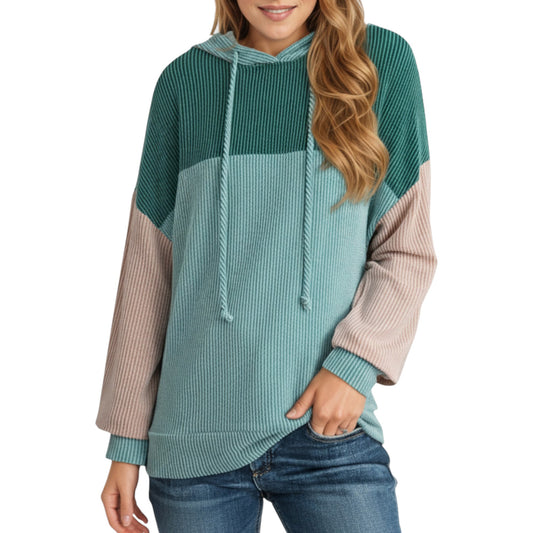 Anna-Kaci Women's Long Sleeve Color Block Knit Hoodie with Drawstring and Relaxed Fit