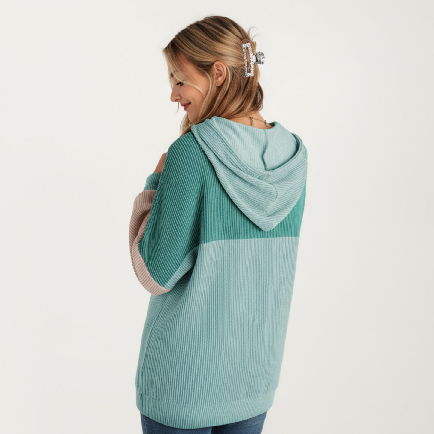 Anna-Kaci Women's Long Sleeve Color Block Knit Hoodie with Drawstring and Relaxed Fit