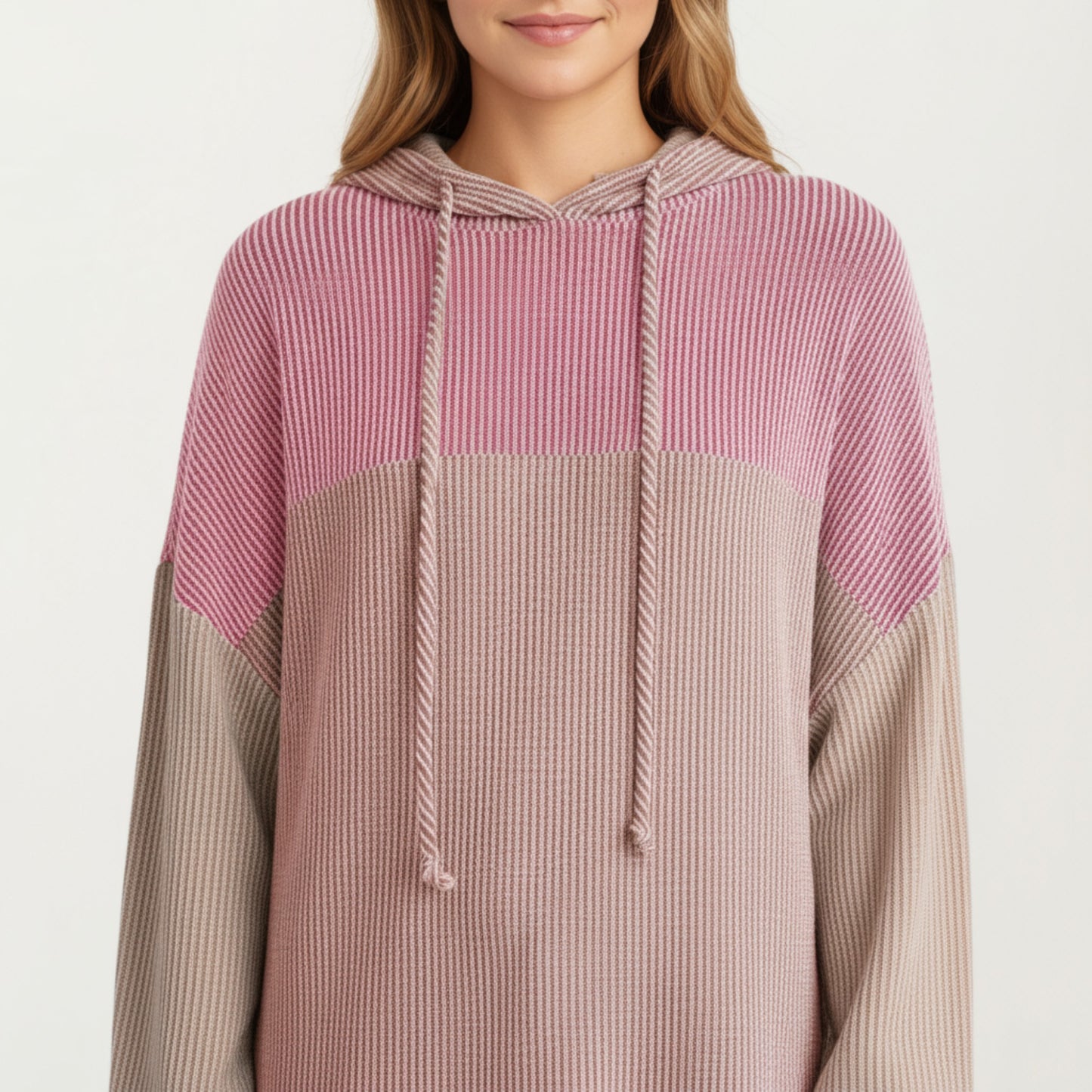 Anna-Kaci Women's Long Sleeve Color Block Knit Hoodie with Drawstring and Relaxed Fit