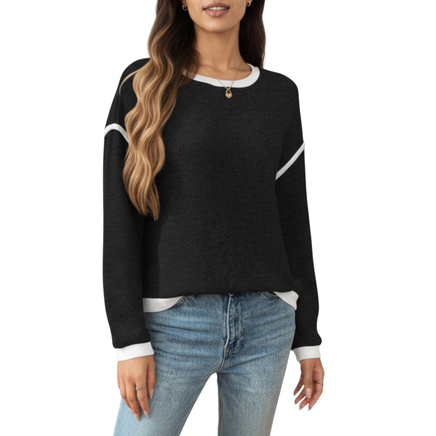 Anna-Kaci Women's Long Sleeve Knit Top with Contrast Trim and Relaxed Fit