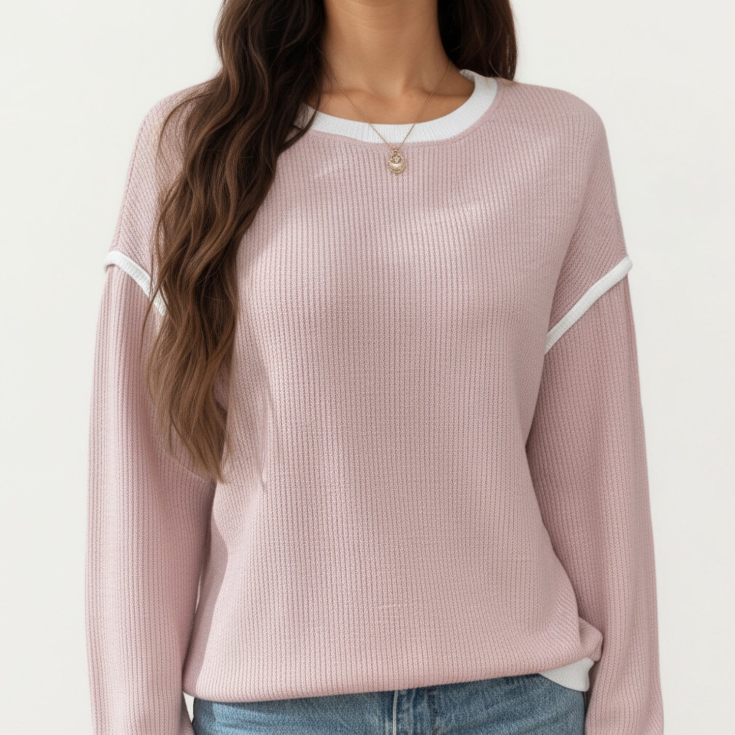 Anna-Kaci Women's Long Sleeve Knit Top with Contrast Trim and Relaxed Fit