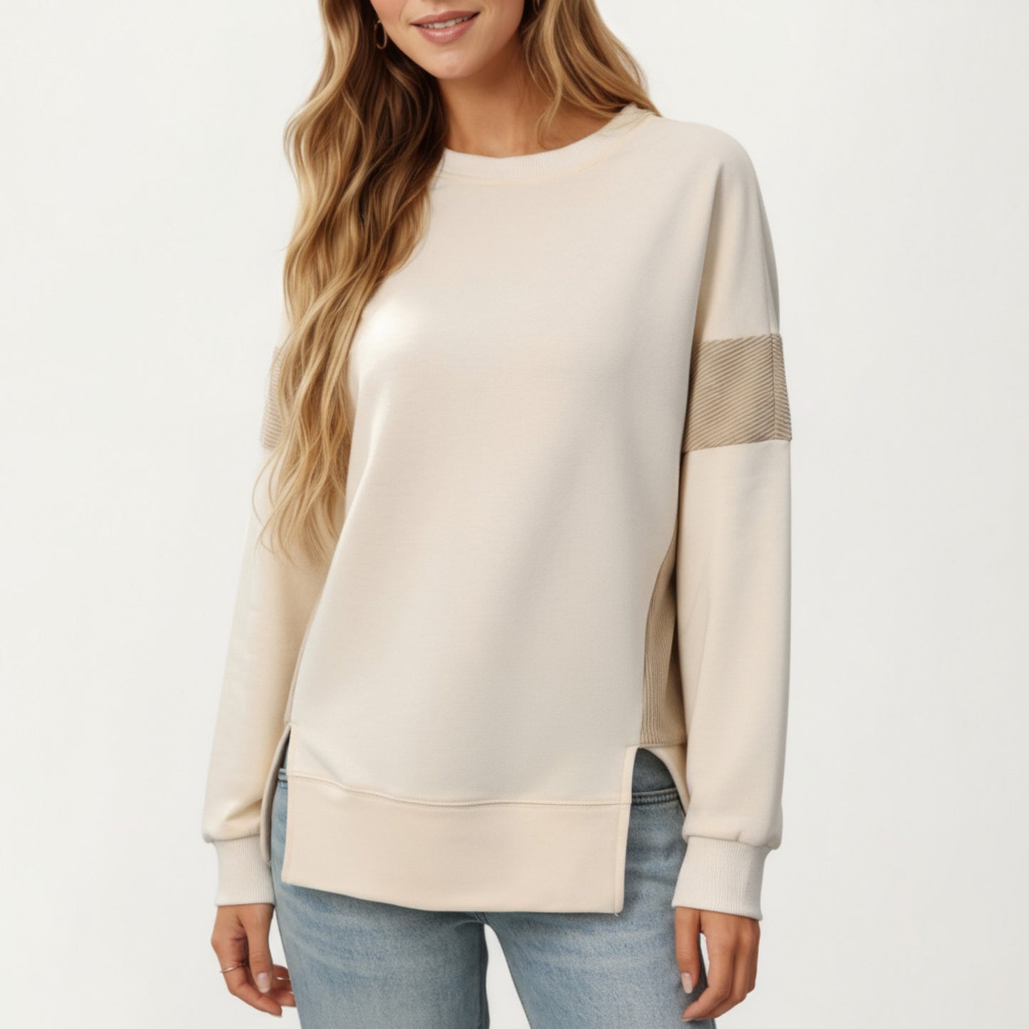 Anna-Kaci Women's Crew Neck Long Sleeve Pullover Top with Colorblock Sleeve Detail