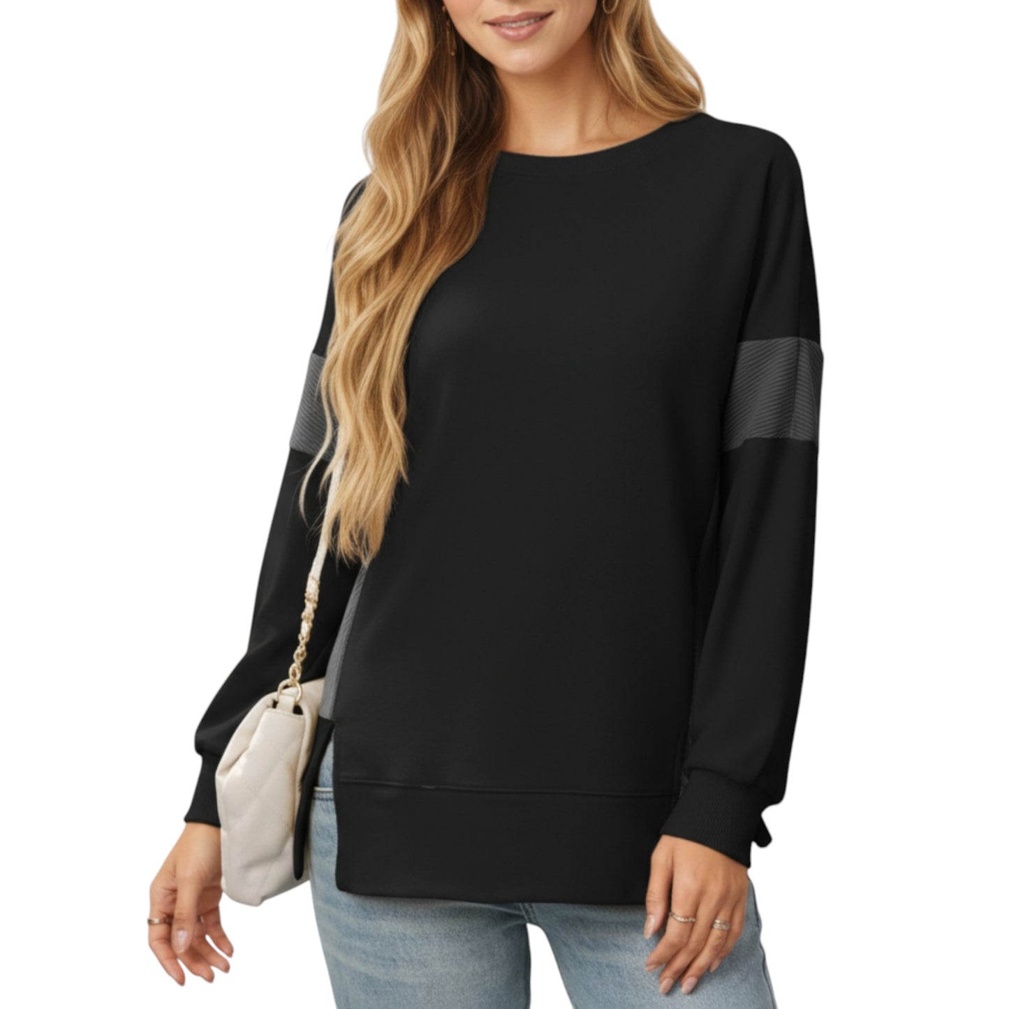 Anna-Kaci Women's Crew Neck Long Sleeve Pullover Top with Colorblock Sleeve Detail