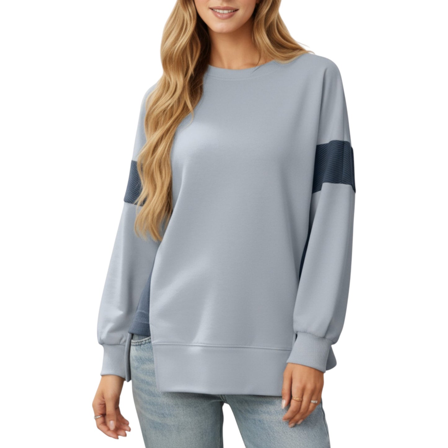 Anna-Kaci Women's Crew Neck Long Sleeve Pullover Top with Colorblock Sleeve Detail