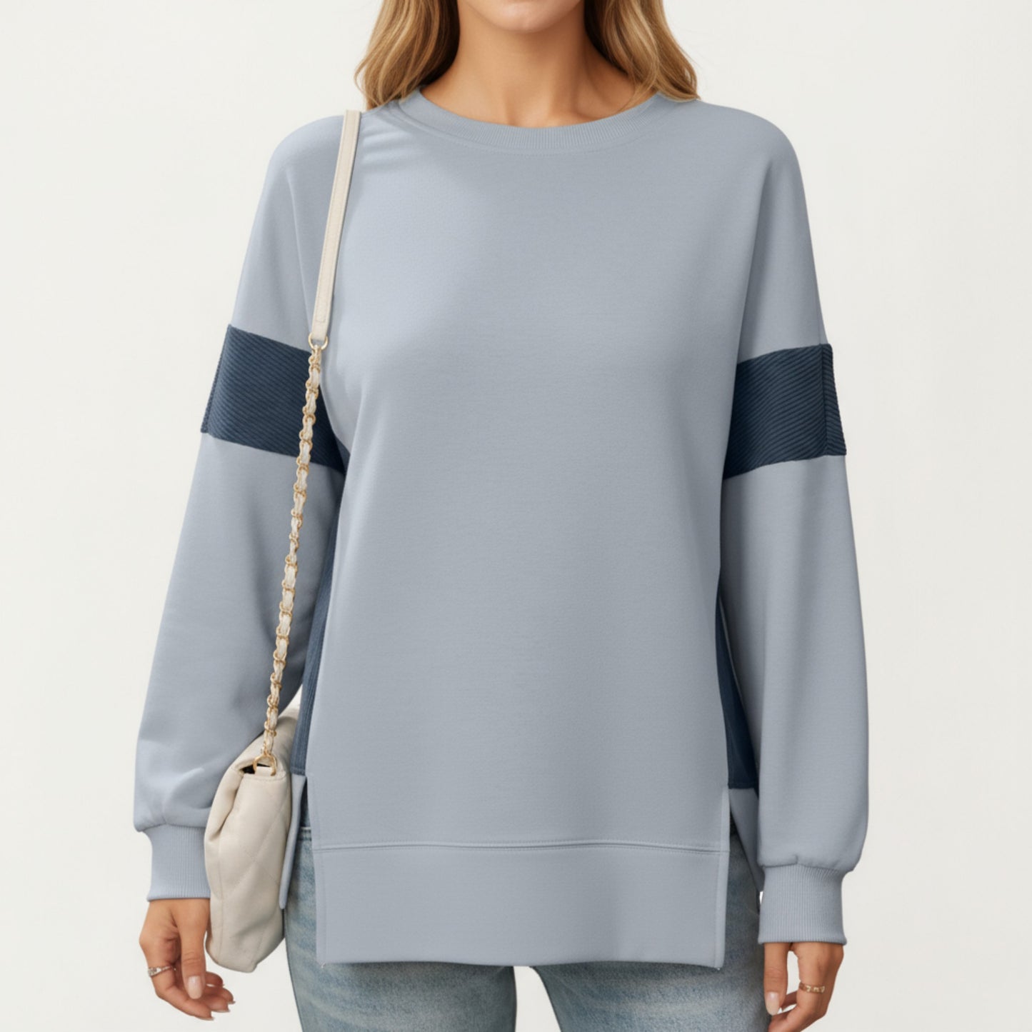 Anna-Kaci Women's Crew Neck Long Sleeve Pullover Top with Colorblock Sleeve Detail