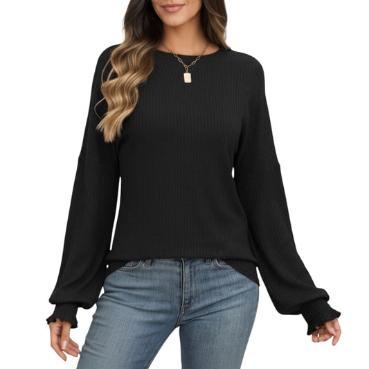 Anna-Kaci Women's Long Sleeve Ribbed Knit Top with Subtle Ruffle Cuff Detail