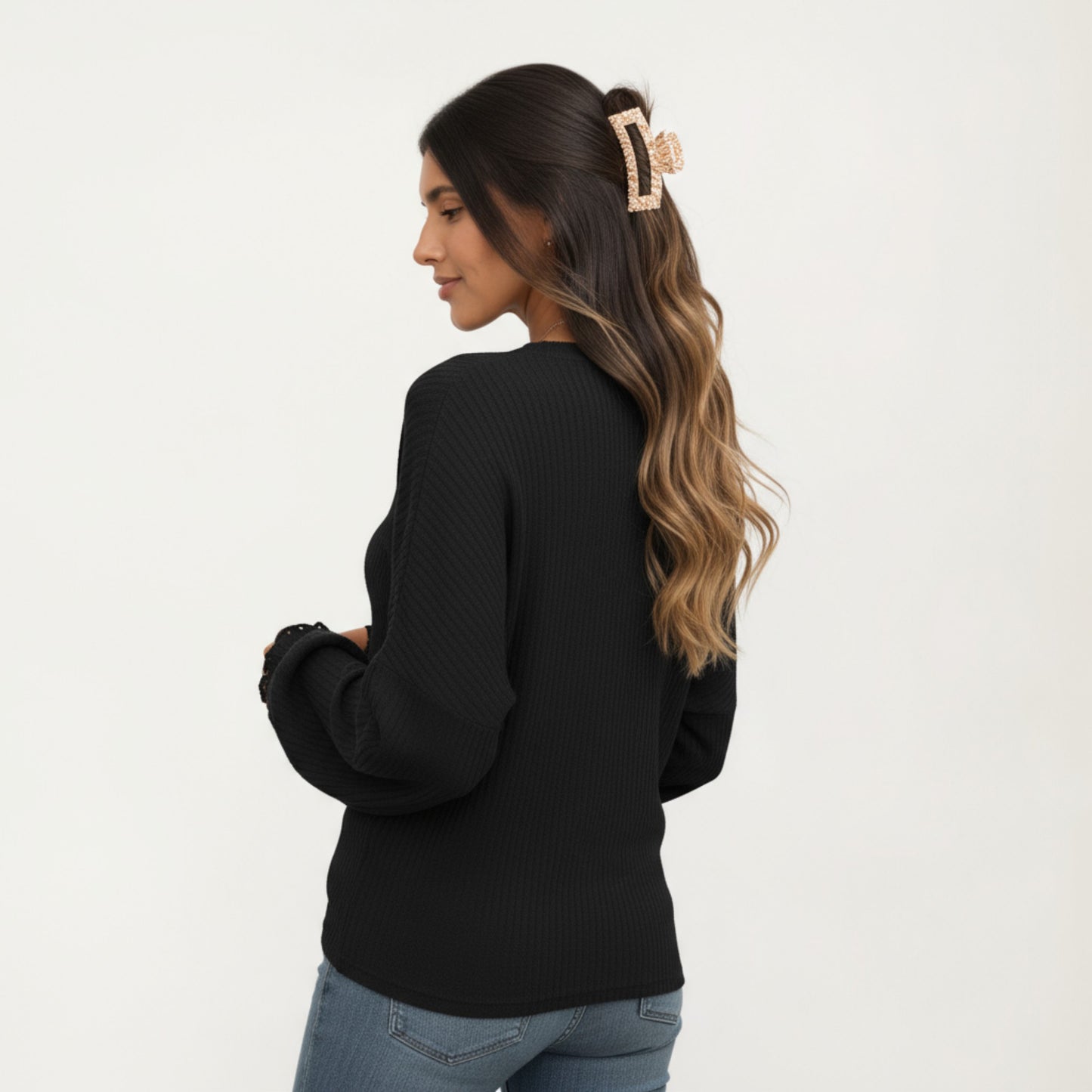 Anna-Kaci Women's Long Sleeve Ribbed Knit Top with Subtle Ruffle Cuff Detail