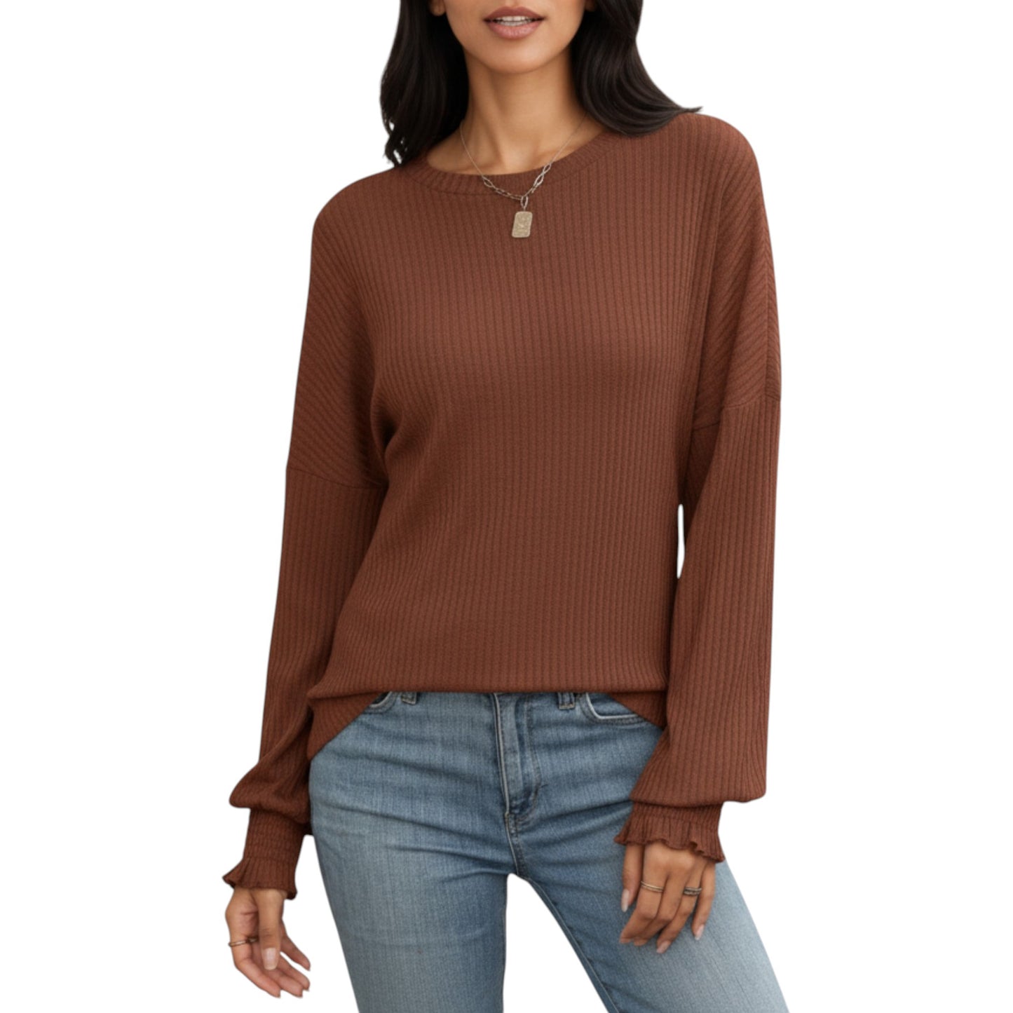 Anna-Kaci Women's Long Sleeve Ribbed Knit Top with Subtle Ruffle Cuff Detail