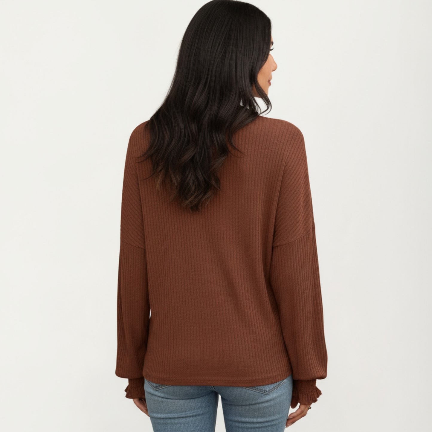 Anna-Kaci Women's Long Sleeve Ribbed Knit Top with Subtle Ruffle Cuff Detail