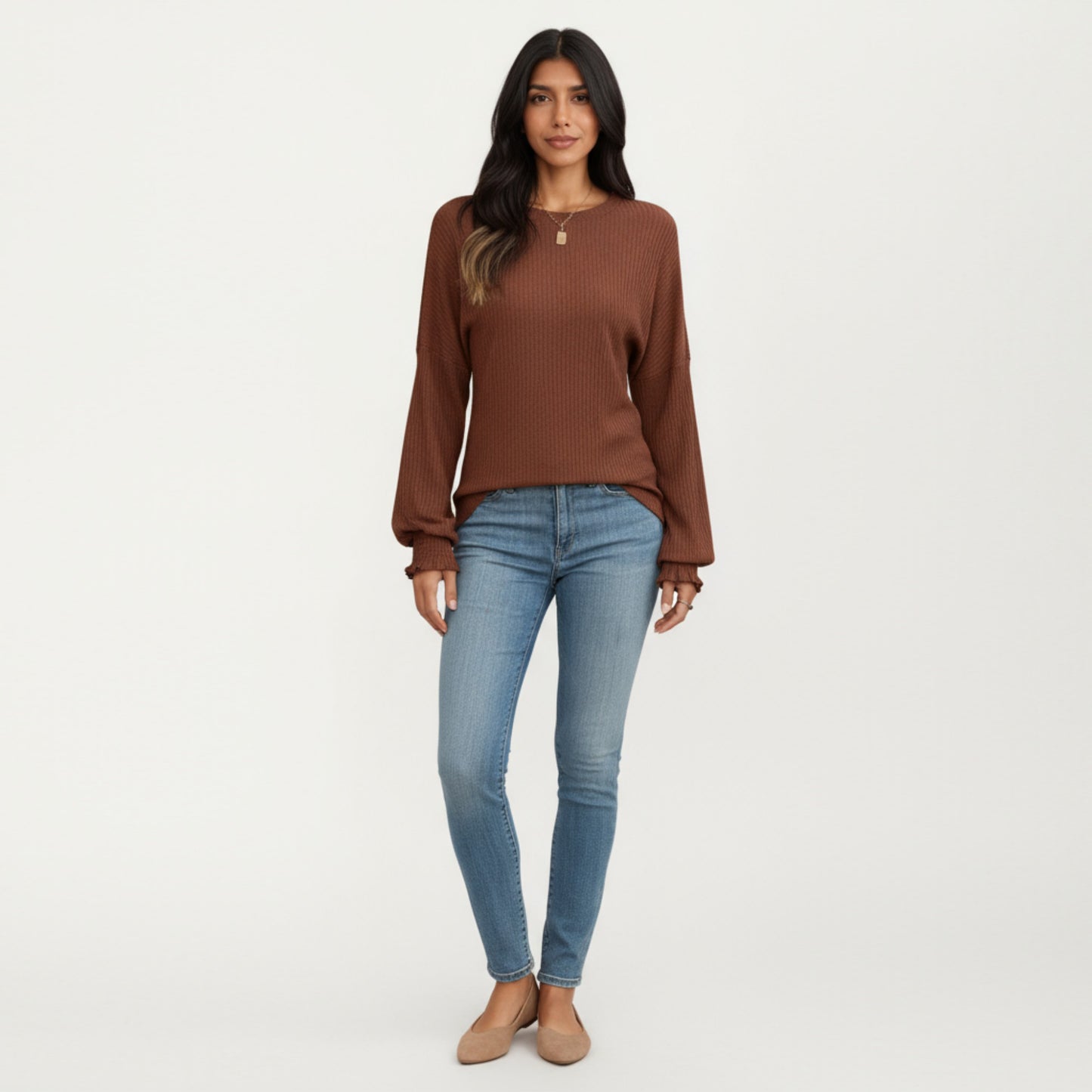 Anna-Kaci Women's Long Sleeve Ribbed Knit Top with Subtle Ruffle Cuff Detail