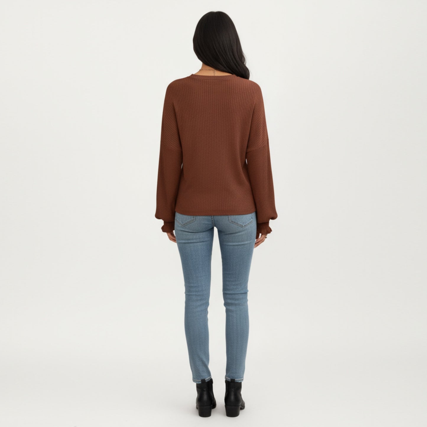 Anna-Kaci Women's Long Sleeve Ribbed Knit Top with Subtle Ruffle Cuff Detail