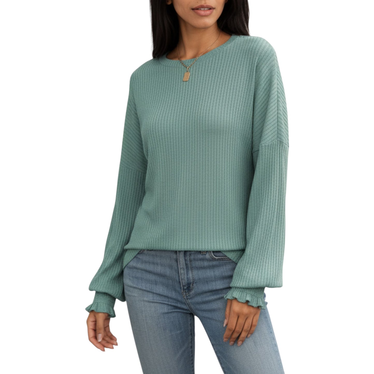 Anna-Kaci Women's Long Sleeve Ribbed Knit Top with Subtle Ruffle Cuff Detail