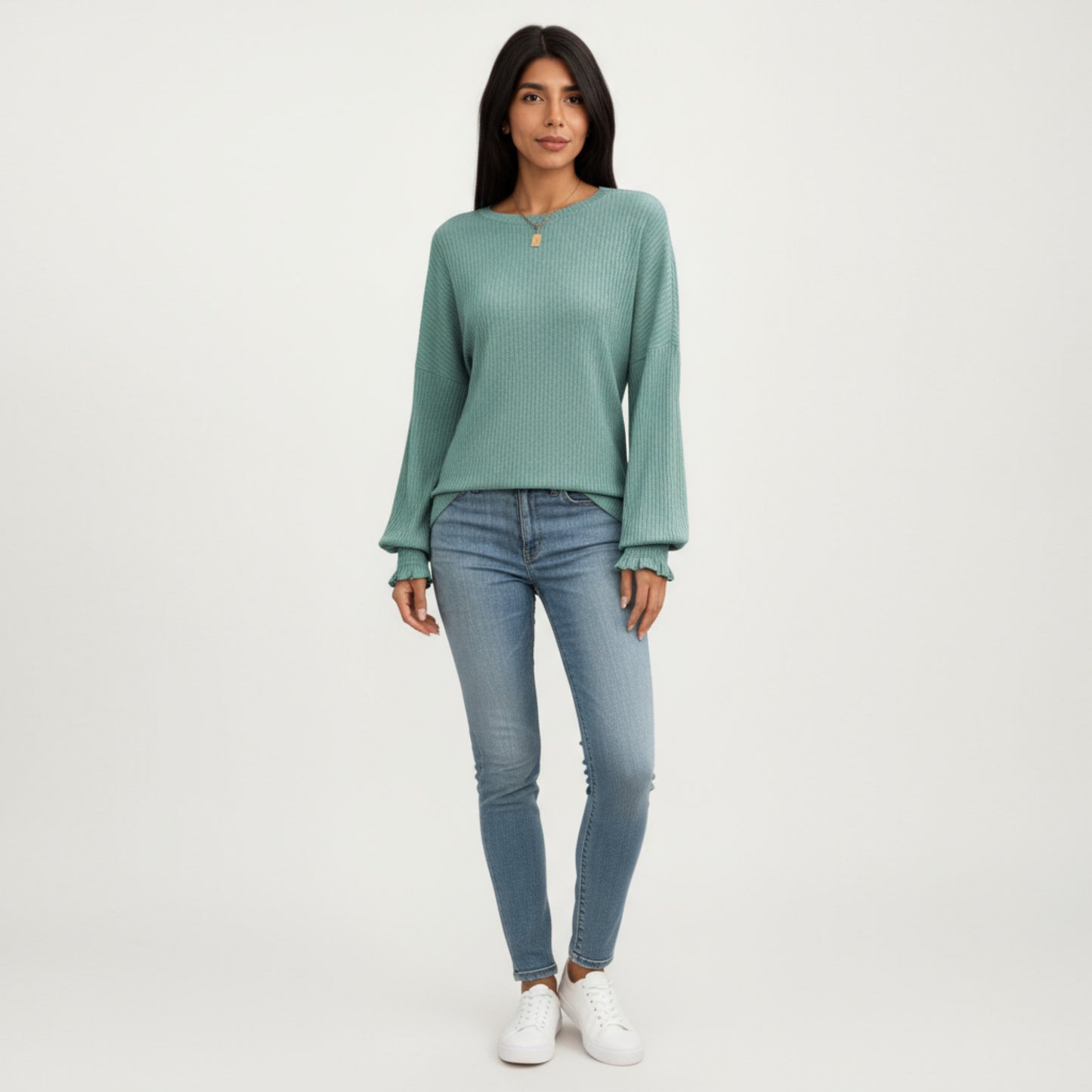 Anna-Kaci Women's Long Sleeve Ribbed Knit Top with Subtle Ruffle Cuff Detail