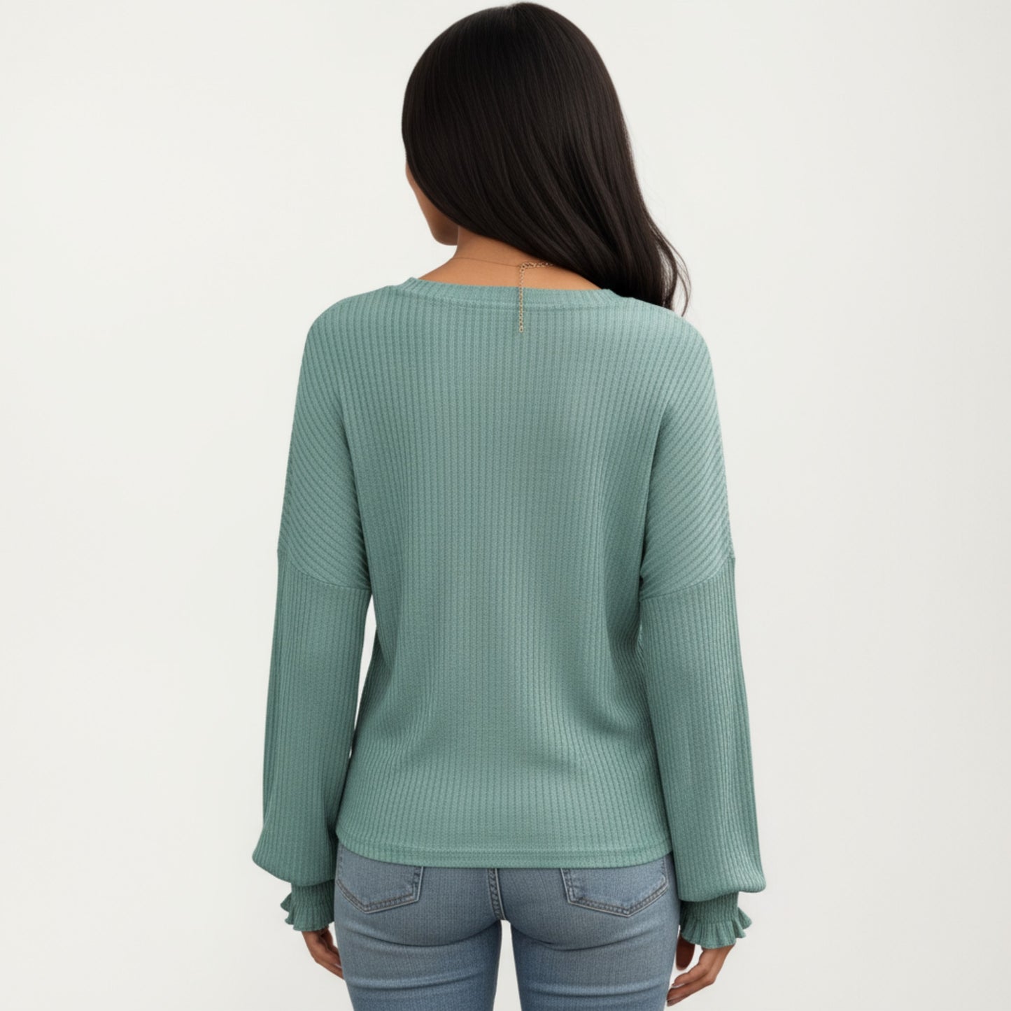 Anna-Kaci Women's Long Sleeve Ribbed Knit Top with Subtle Ruffle Cuff Detail
