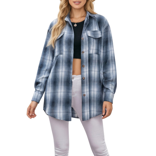 Anna-Kaci Women's Long Sleeve Plaid Button-Up Shirt with Front Pockets and Relaxed Fit