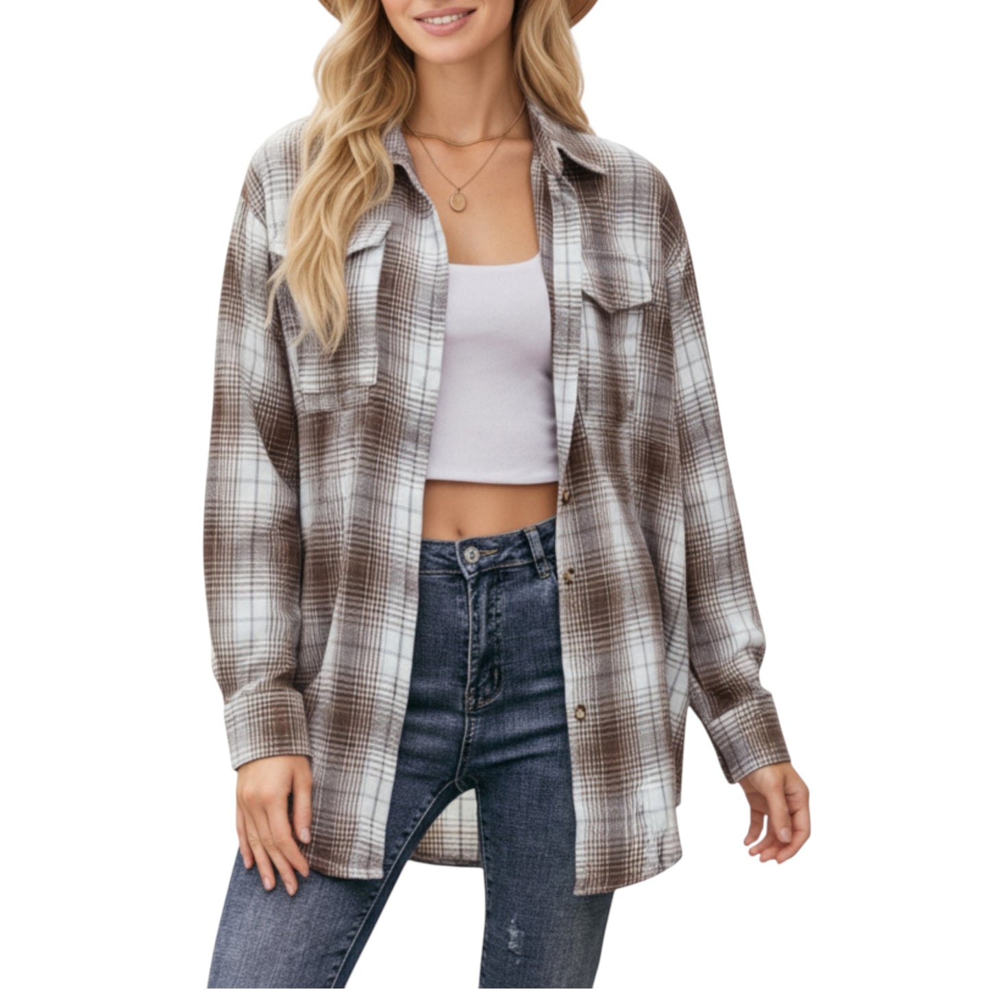 Anna-Kaci Women's Long Sleeve Plaid Button-Up Shirt with Front Pockets and Relaxed Fit