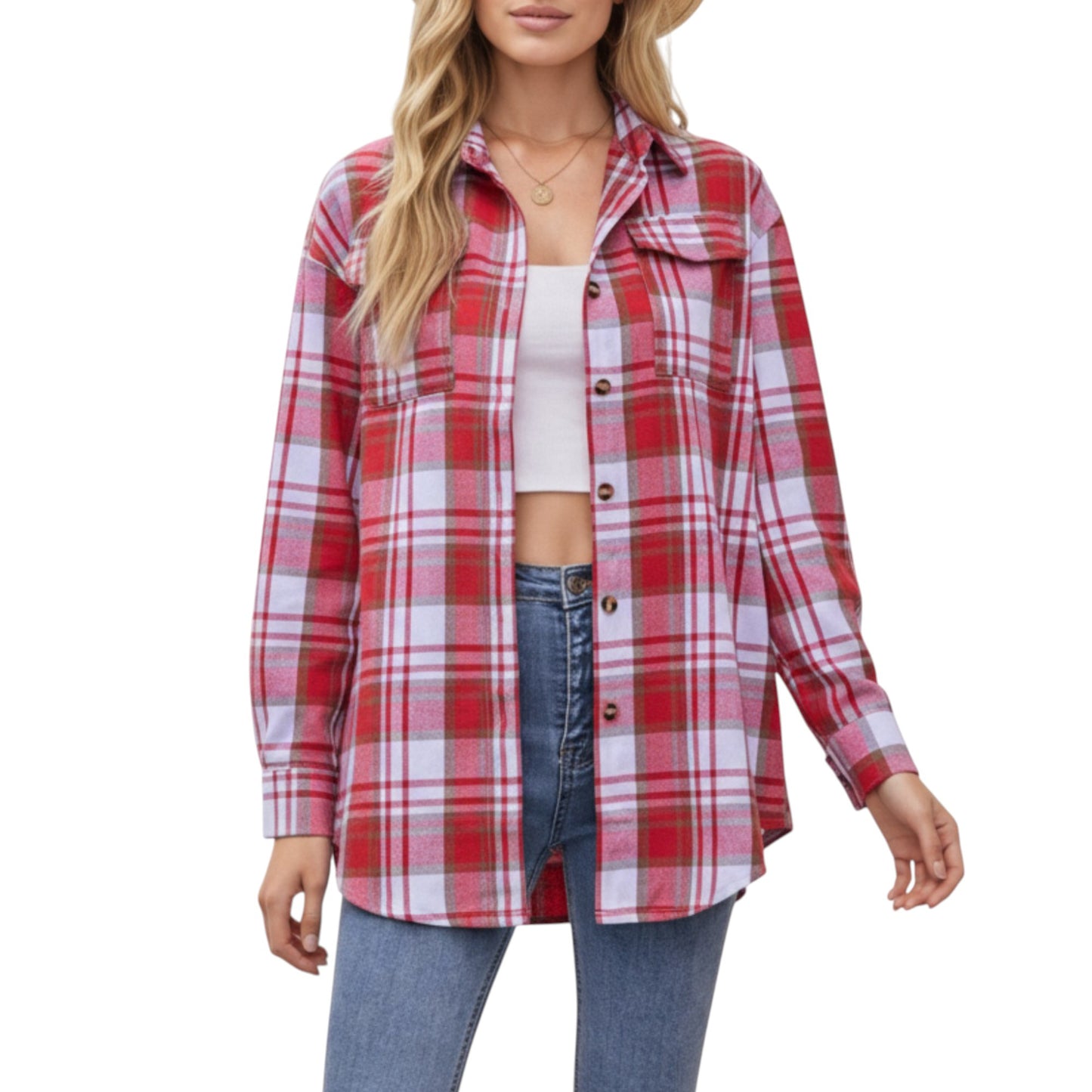 Anna-Kaci Women's Long Sleeve Plaid Button-Up Shirt with Front Pockets and Relaxed Fit