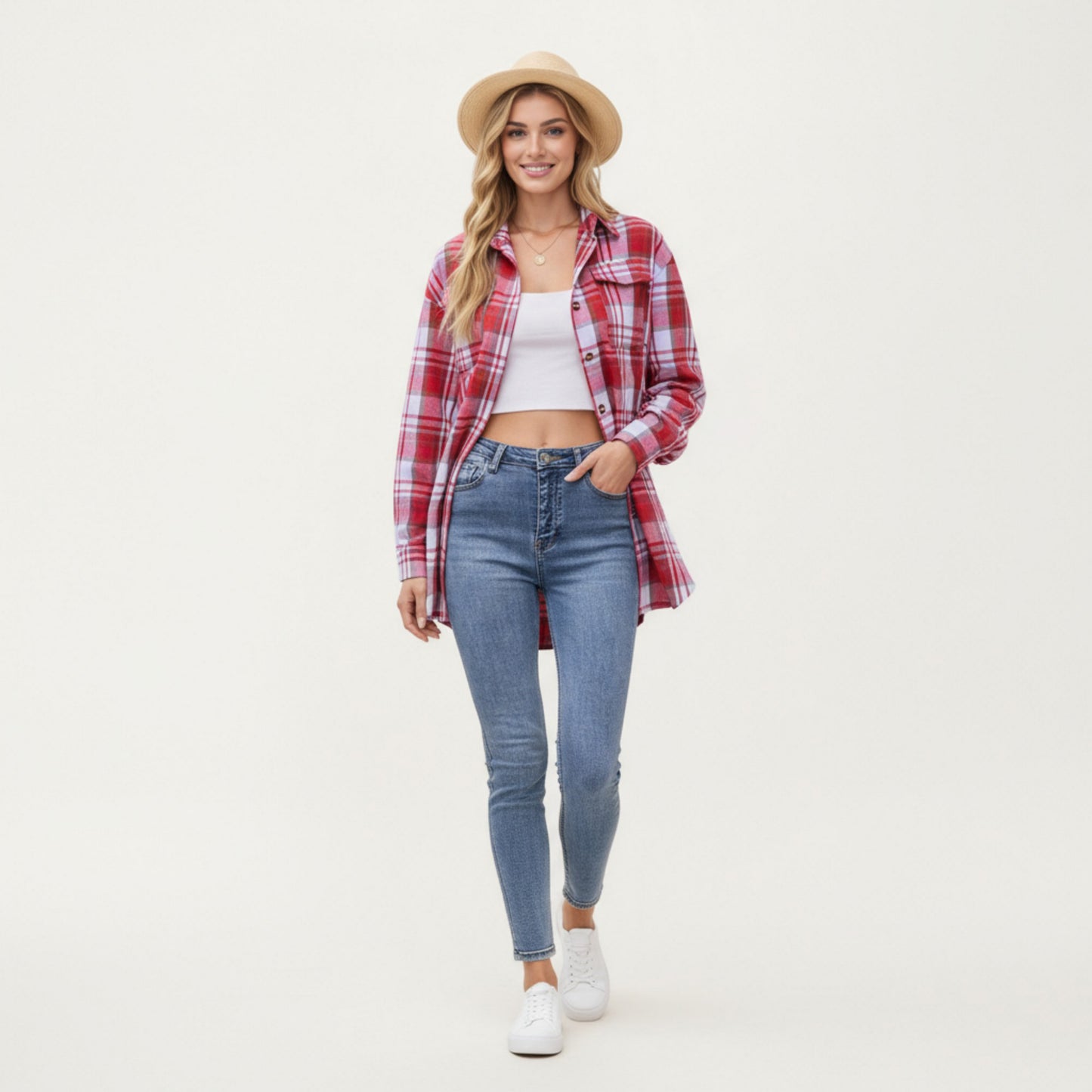 Anna-Kaci Women's Long Sleeve Plaid Button-Up Shirt with Front Pockets and Relaxed Fit