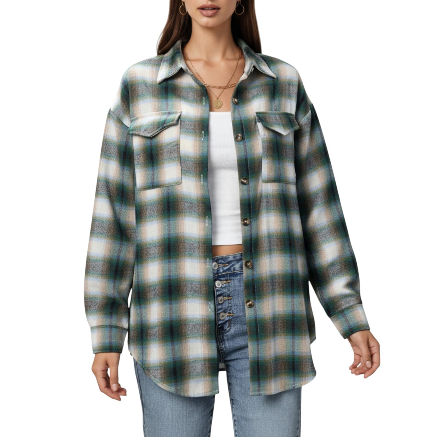 Anna-Kaci Women's Long Sleeve Plaid Button-Up Shirt with Chest Pockets