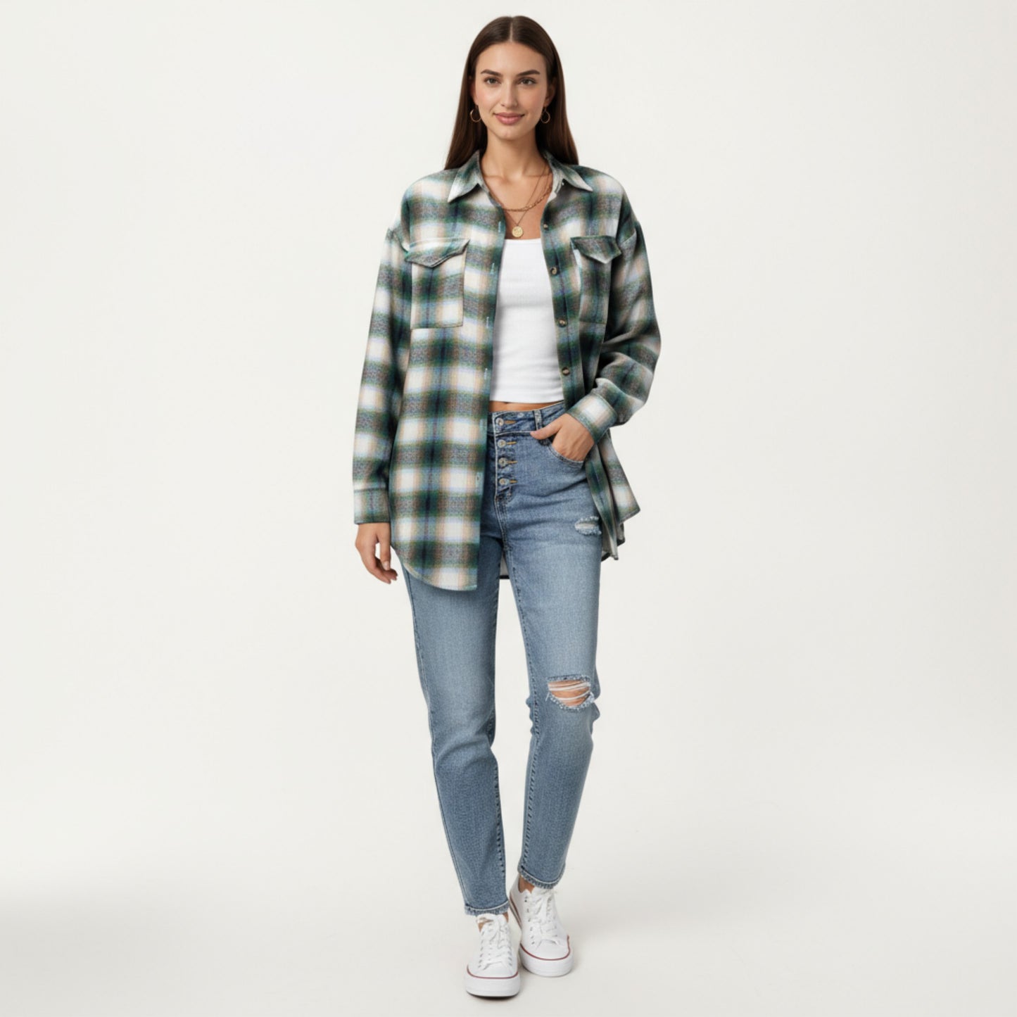 Anna-Kaci Women's Long Sleeve Plaid Button-Up Shirt with Chest Pockets